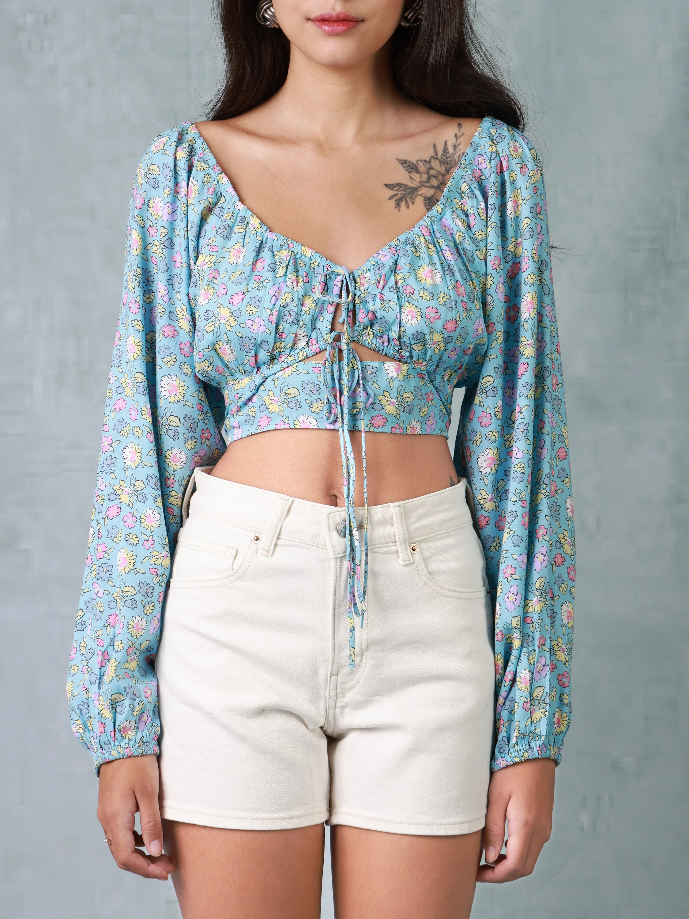 Women Multi Colored Front Tie Crop Top - Image 6