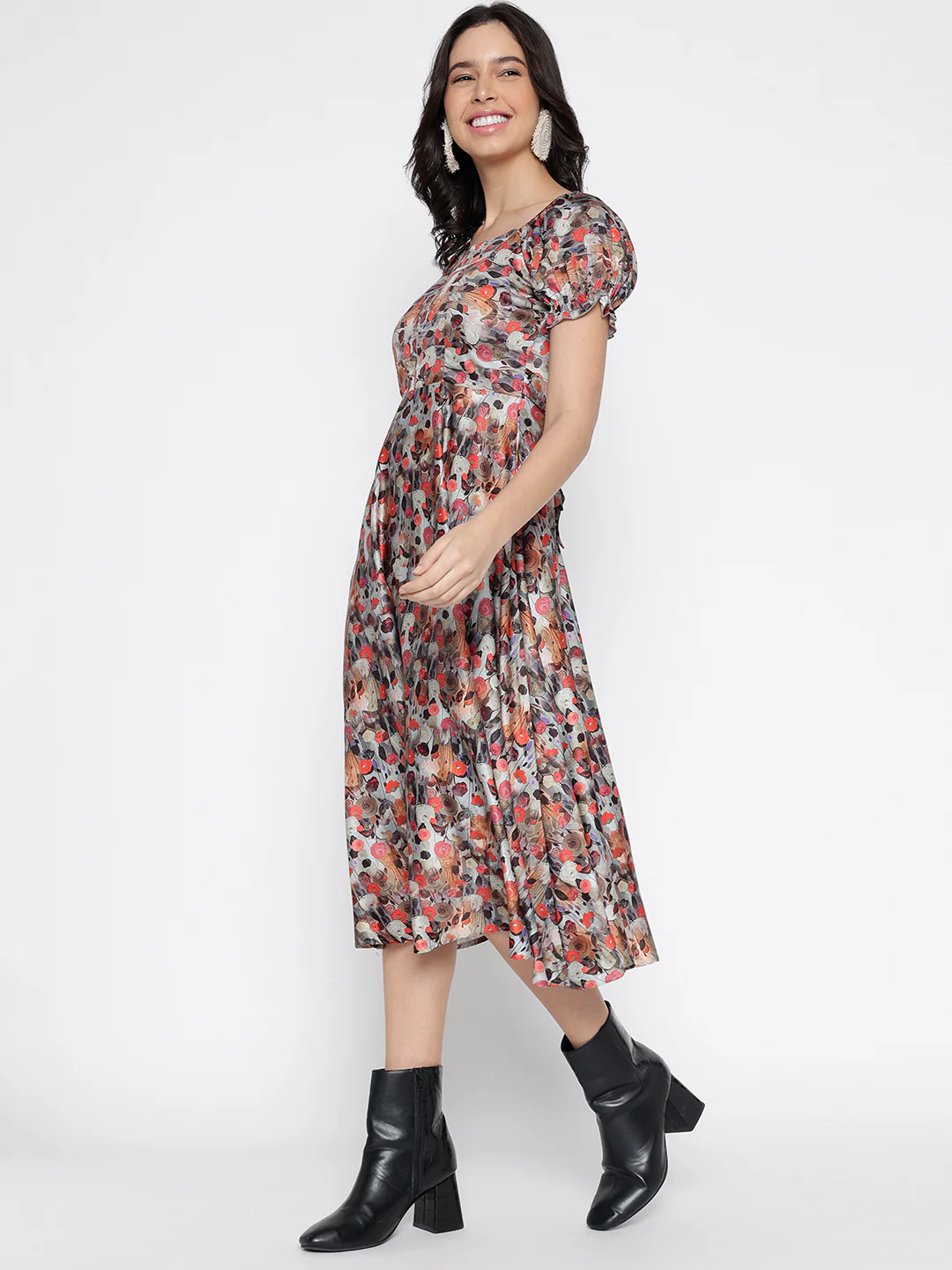 Women Multi Crepe Pure Puffs Midi Dress - Image 4
