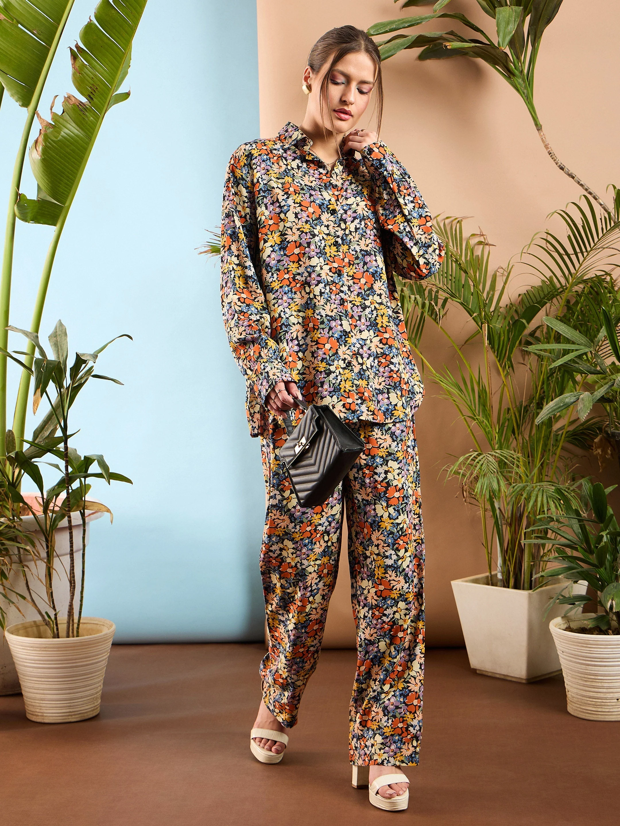 Women Multi Floral Oversize Shirt With Straight Pants - Image 2