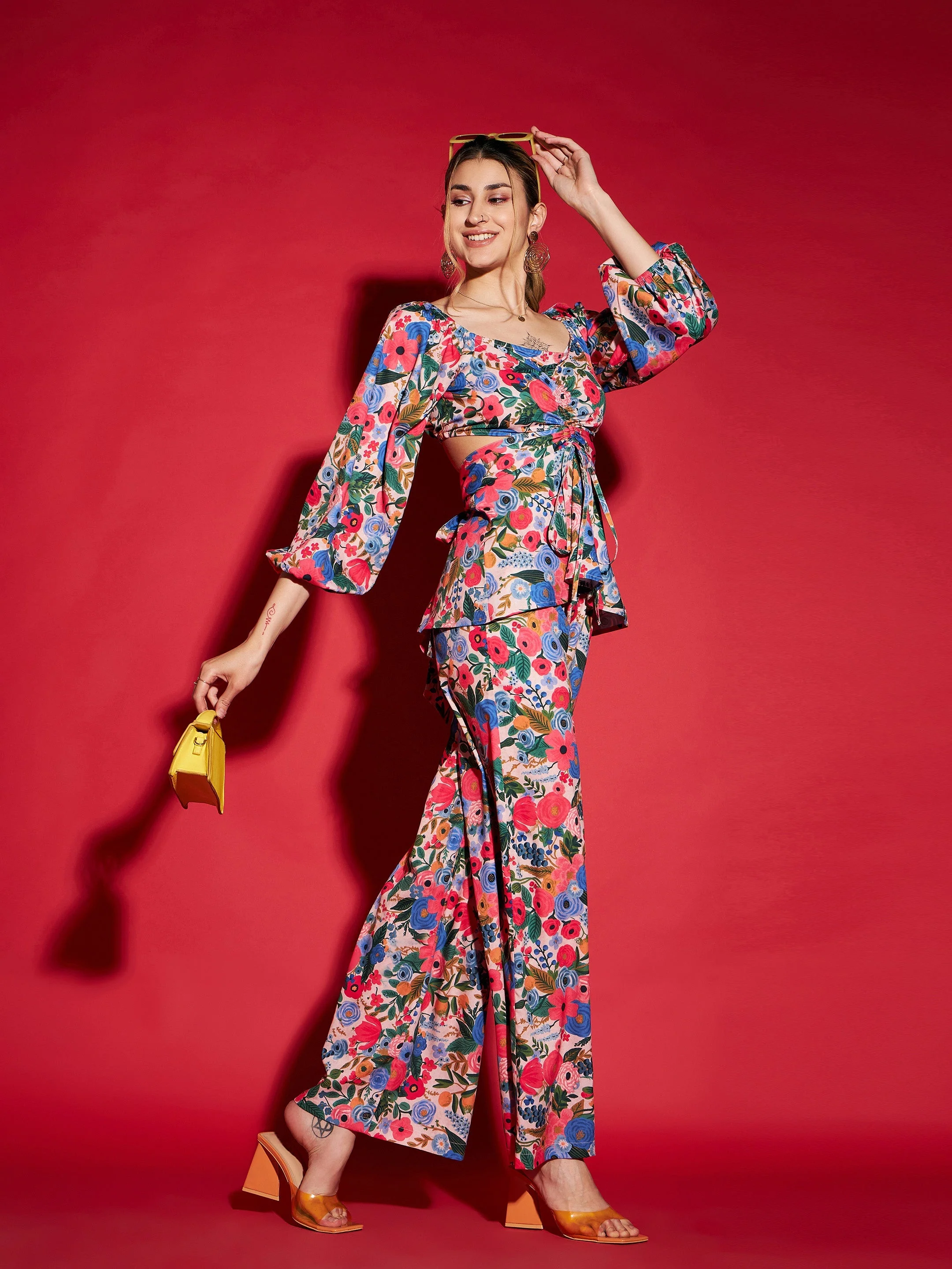 Women Multi Floral Peplum Top With Straight Pants - Image 3