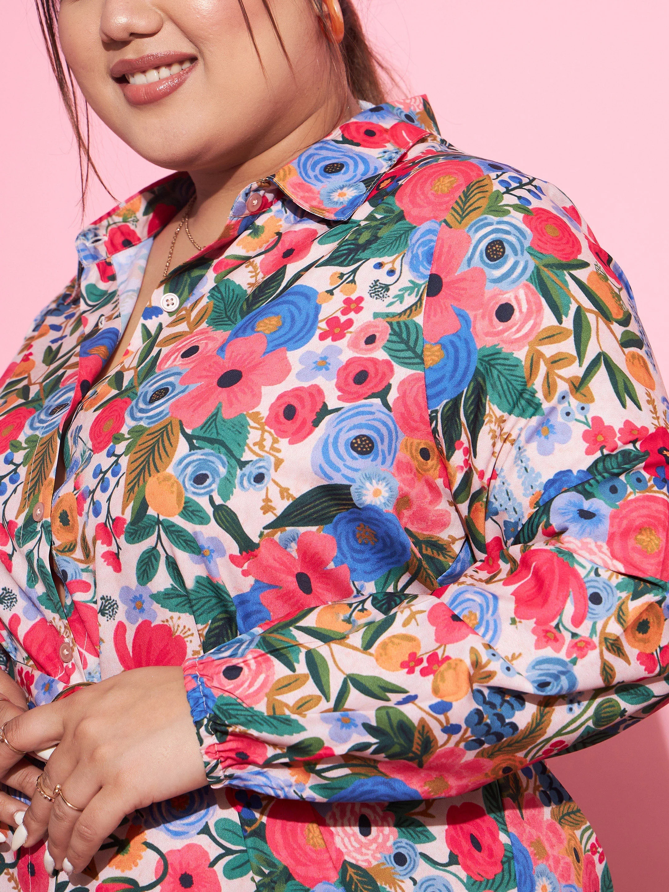 Women Multi Floral Self Fabric Belted Shirt Dress - Image 4