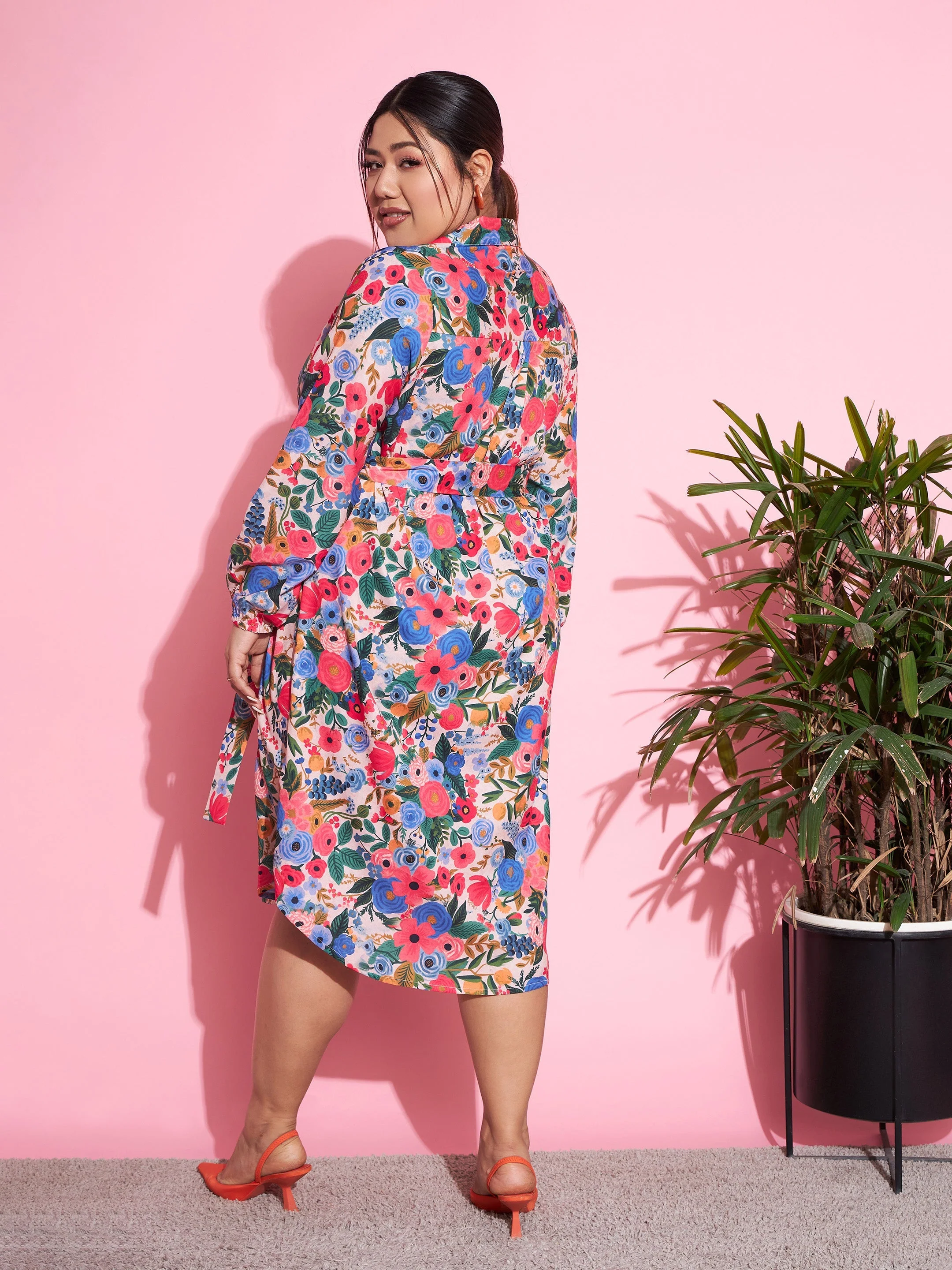 Women Multi Floral Self Fabric Belted Shirt Dress - Image 5