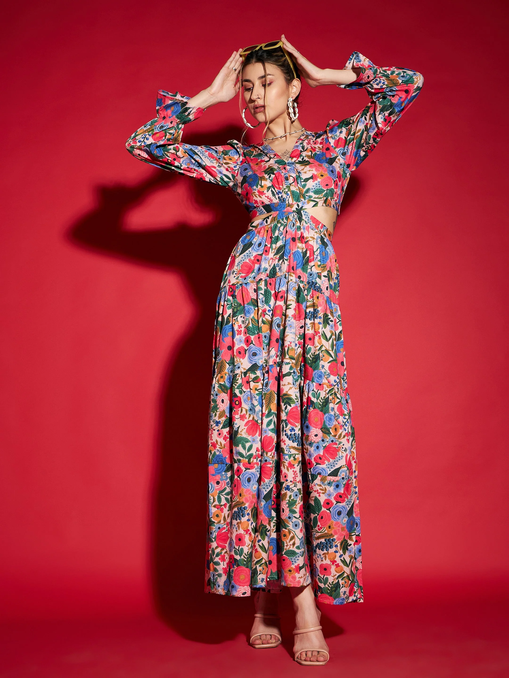 Women Multi Floral Waist Cut-Out Maxi Dress - Image 2