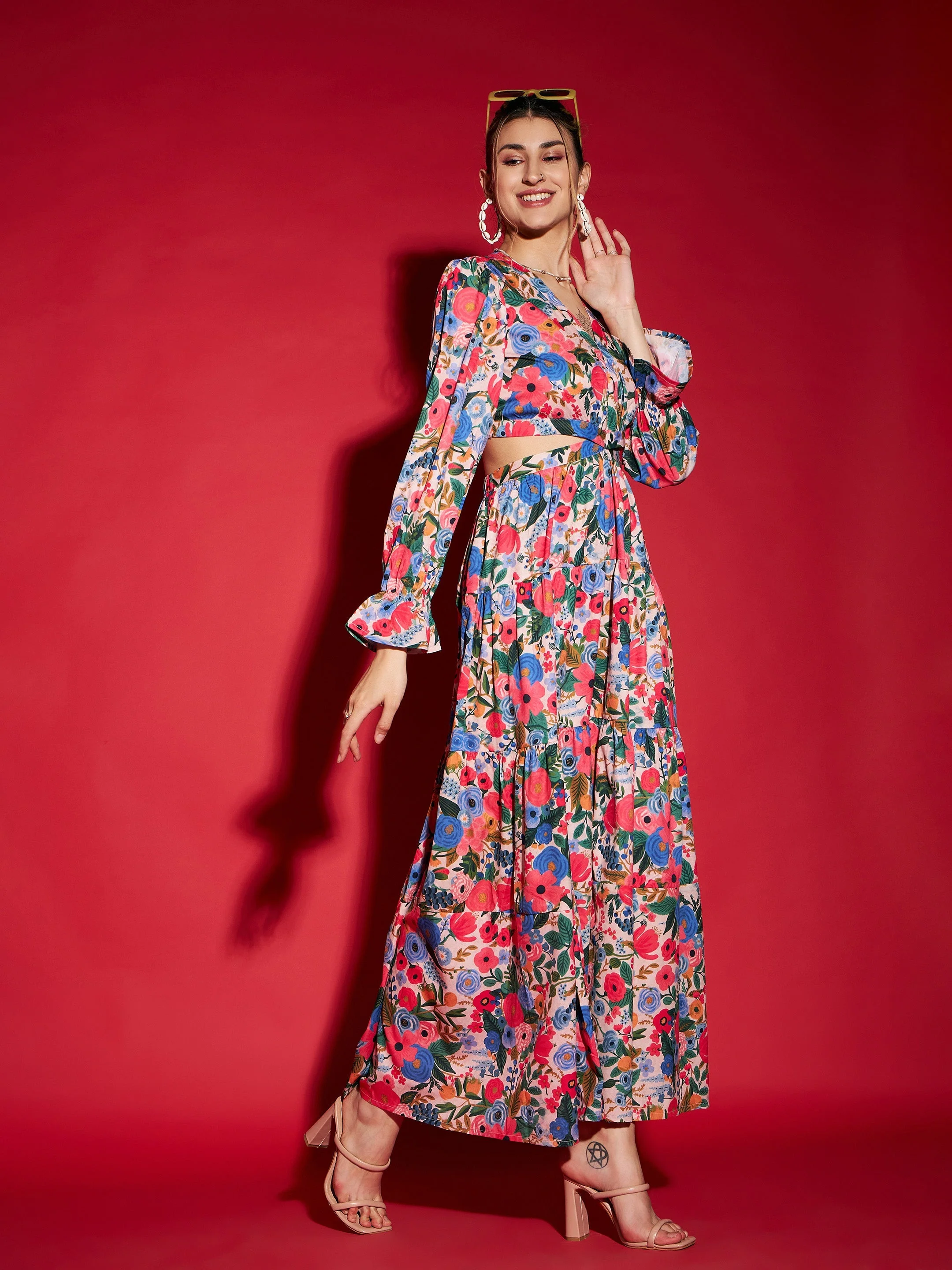 Women Multi Floral Waist Cut-Out Maxi Dress - Image 3