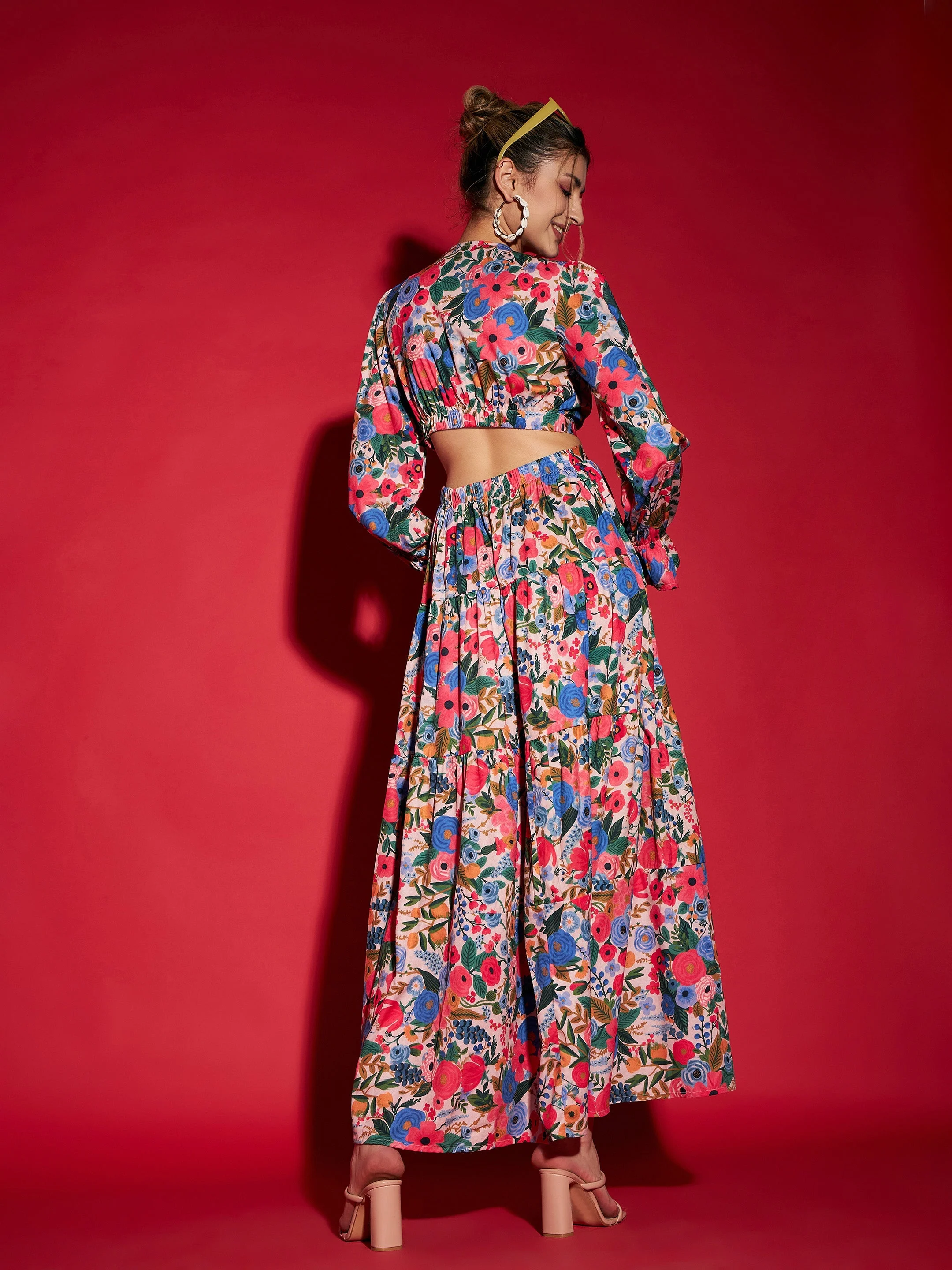 Women Multi Floral Waist Cut-Out Maxi Dress - Image 5