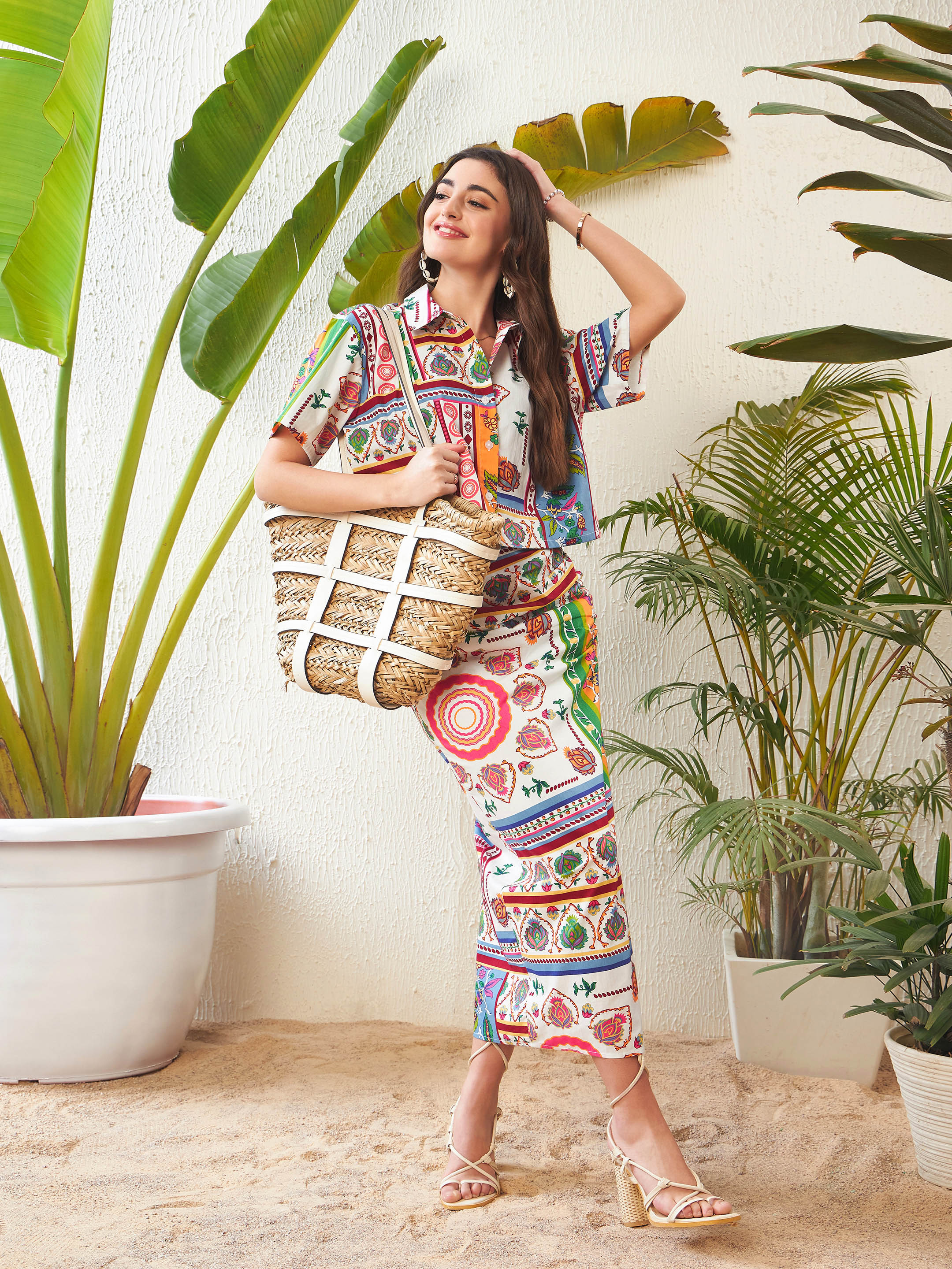 Women Multi Patch Crop Shirt With Side Ruched Maxi Skirt - Image 5