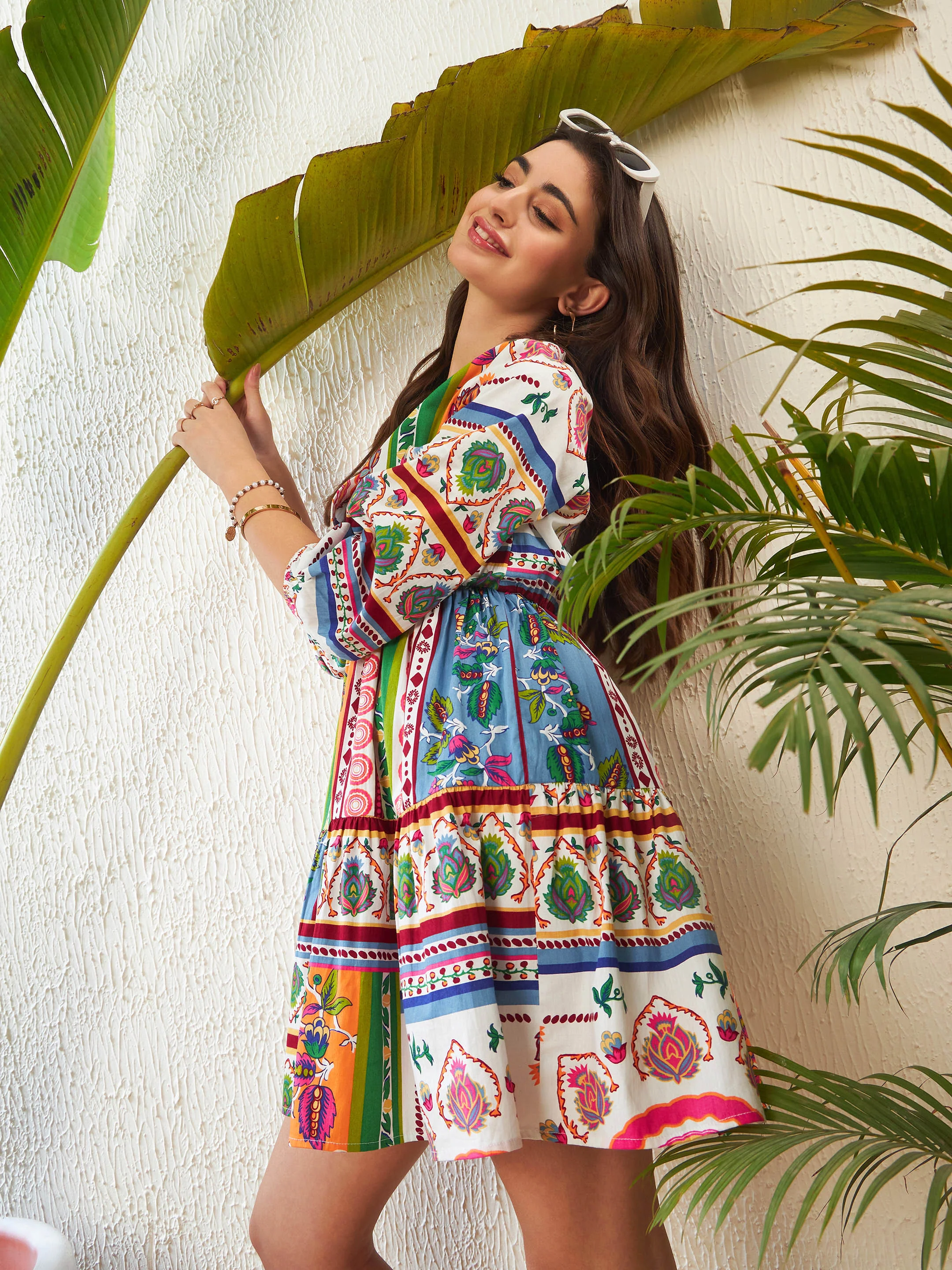 Women Multi Patch Printed Shawl Collar Tiered Dress - Image 3