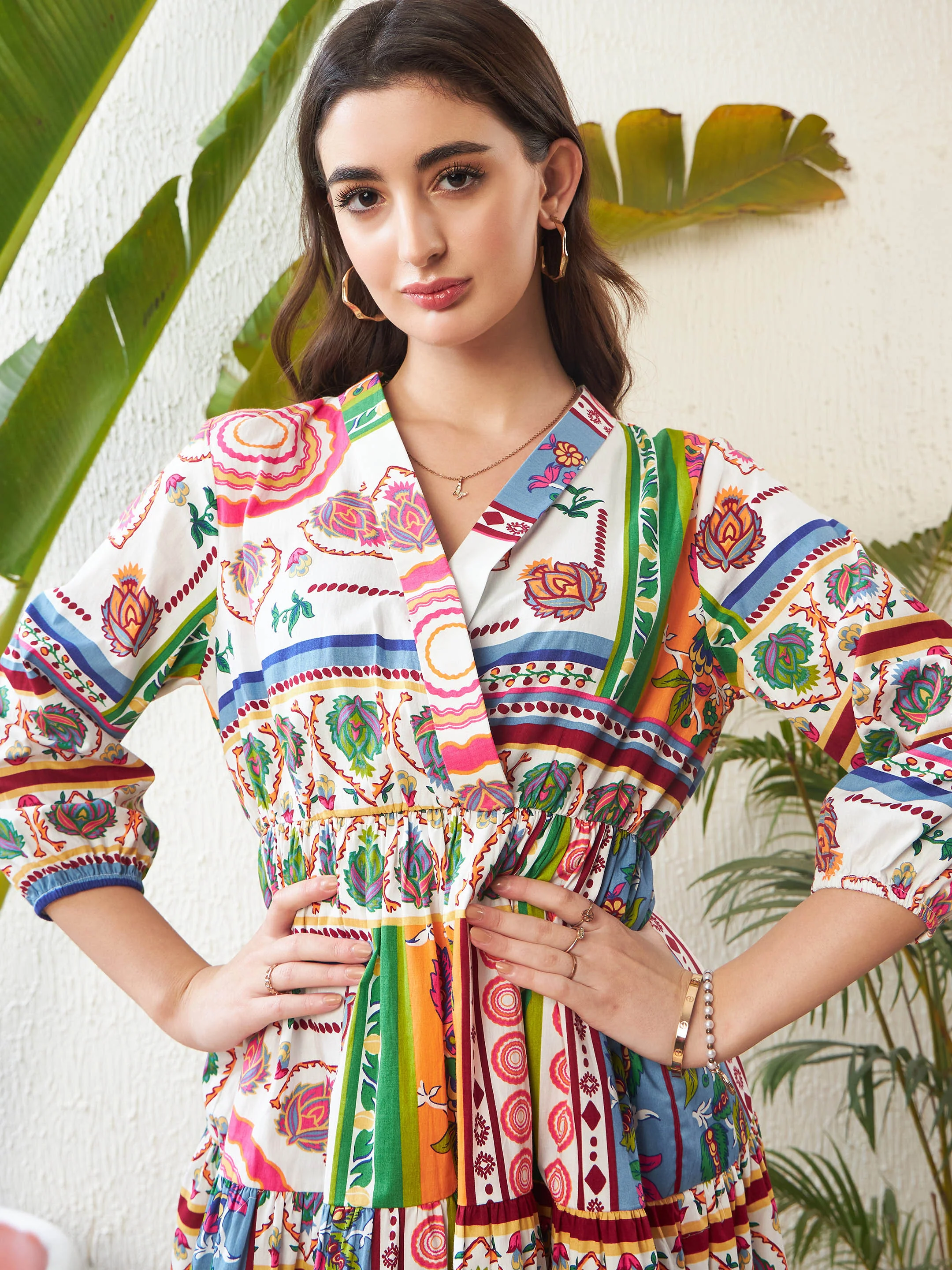Women Multi Patch Printed Shawl Collar Tiered Dress - Image 4