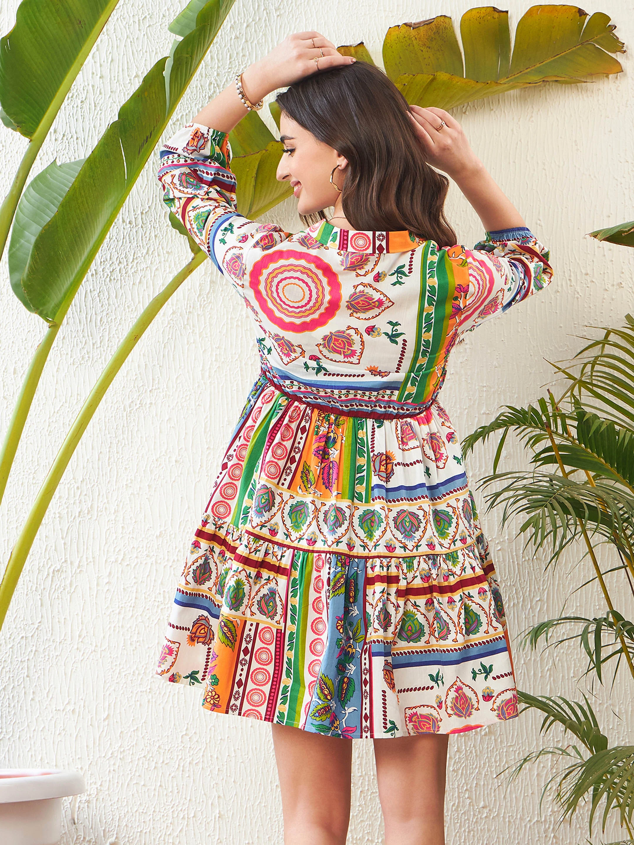 Women Multi Patch Printed Shawl Collar Tiered Dress - Image 5