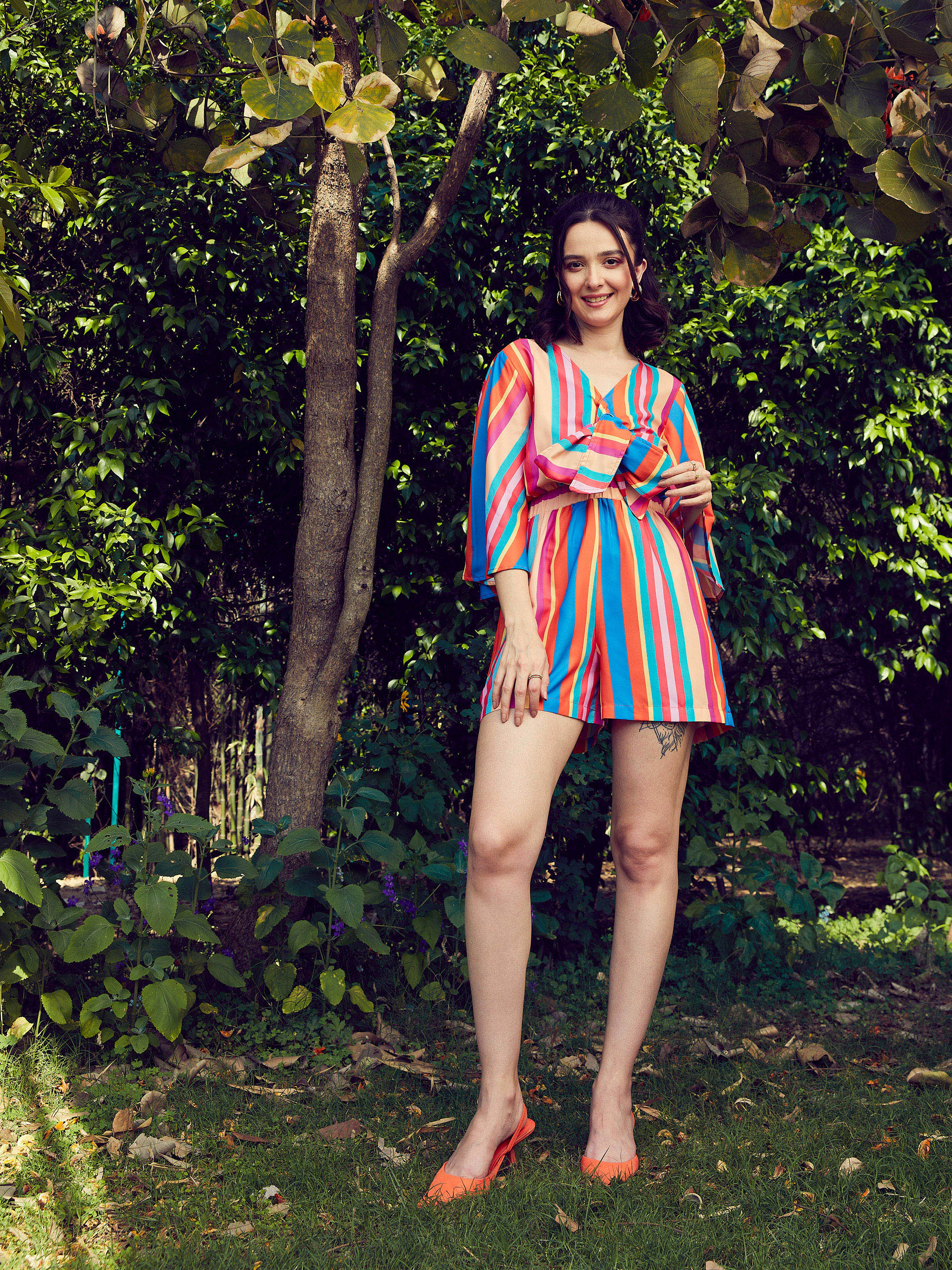 Women Multi Stripe Front Tie Knot Playsuit - Image 2