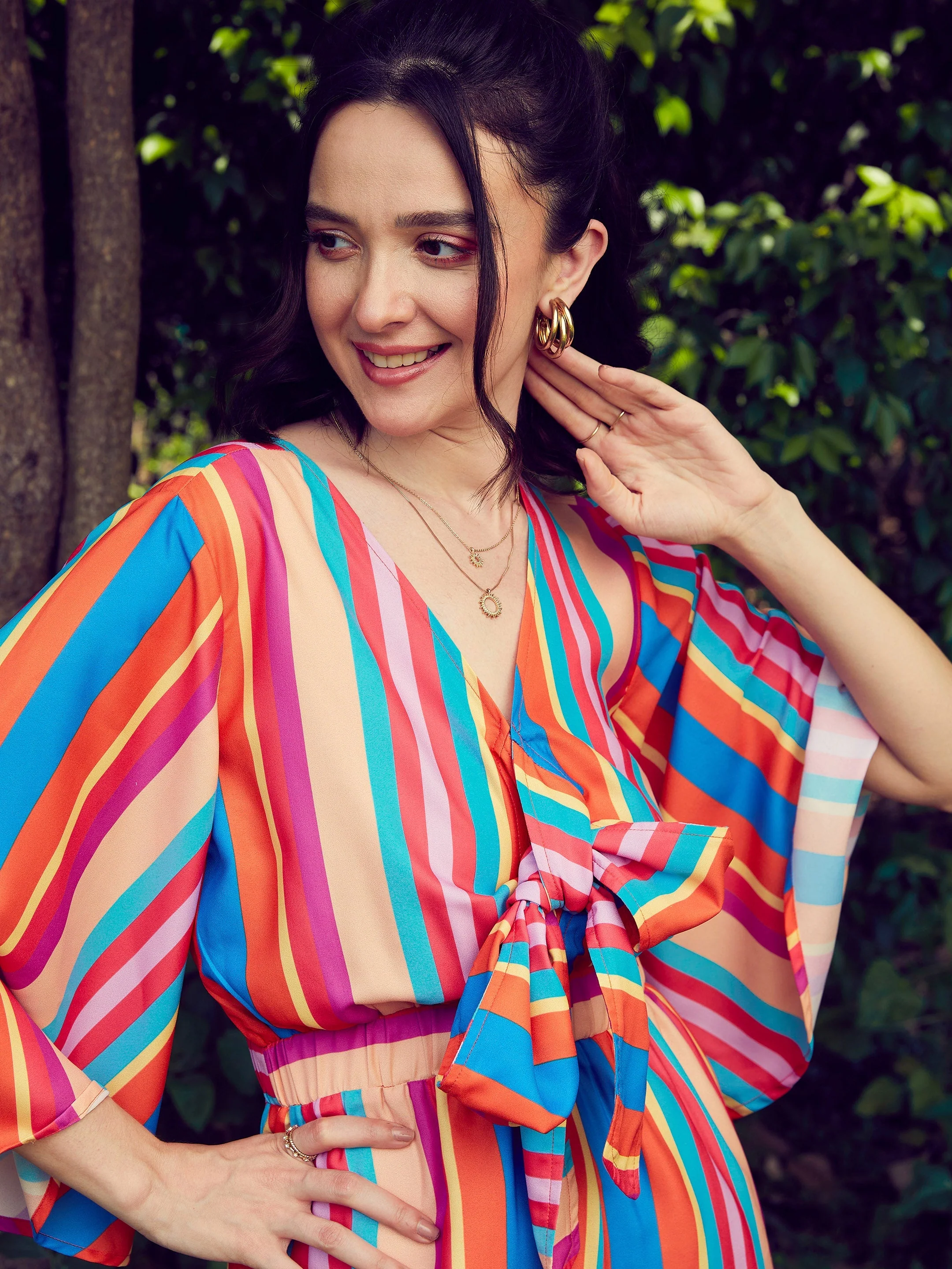 Women Multi Stripe Front Tie Knot Playsuit - Image 4