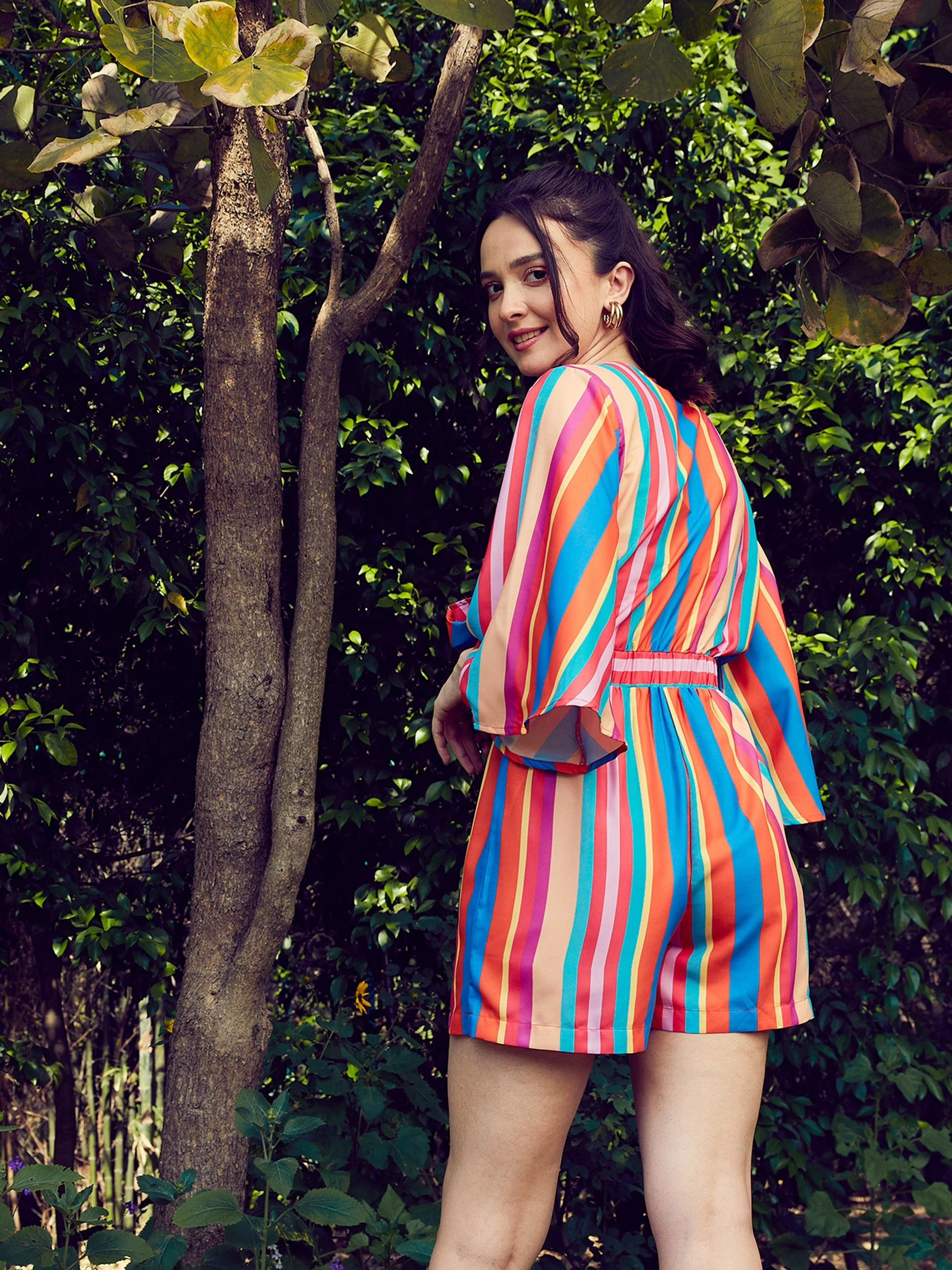 Women Multi Stripe Front Tie Knot Playsuit - Image 5
