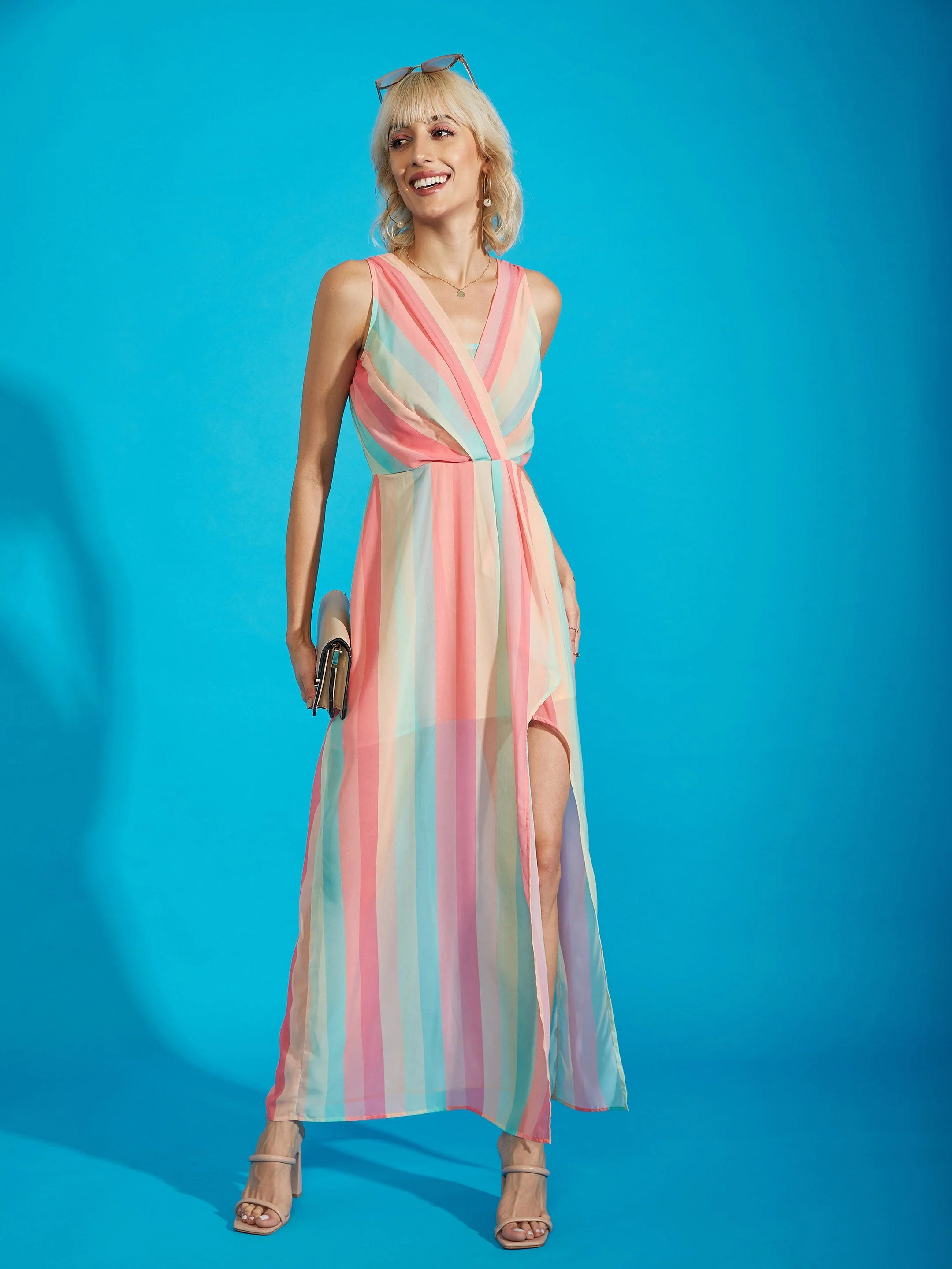 Women Multi Stripe Wrap Maxi Dress - Image 2