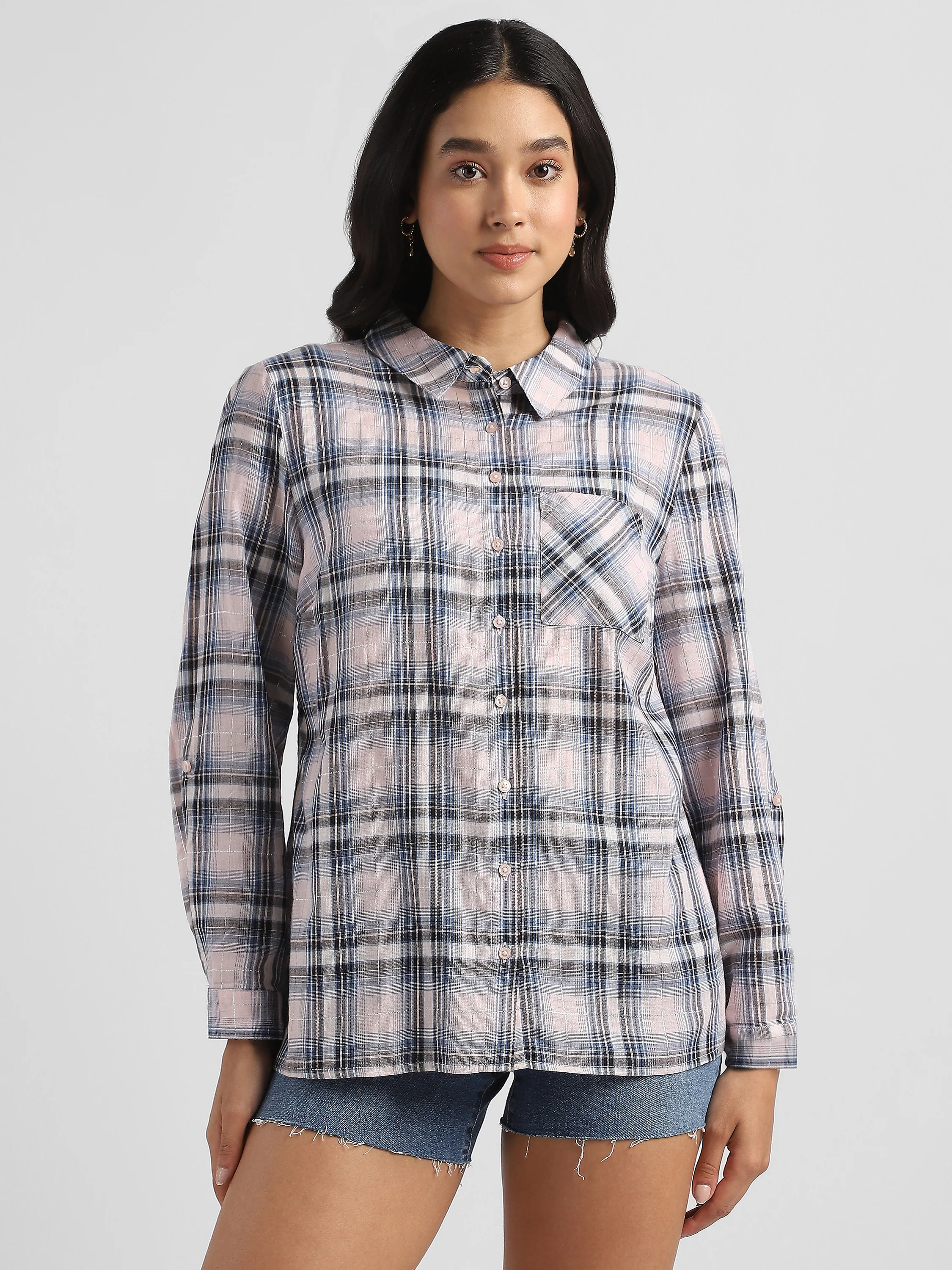 Women Casual Checkered Shirt with Pocket - Image 3