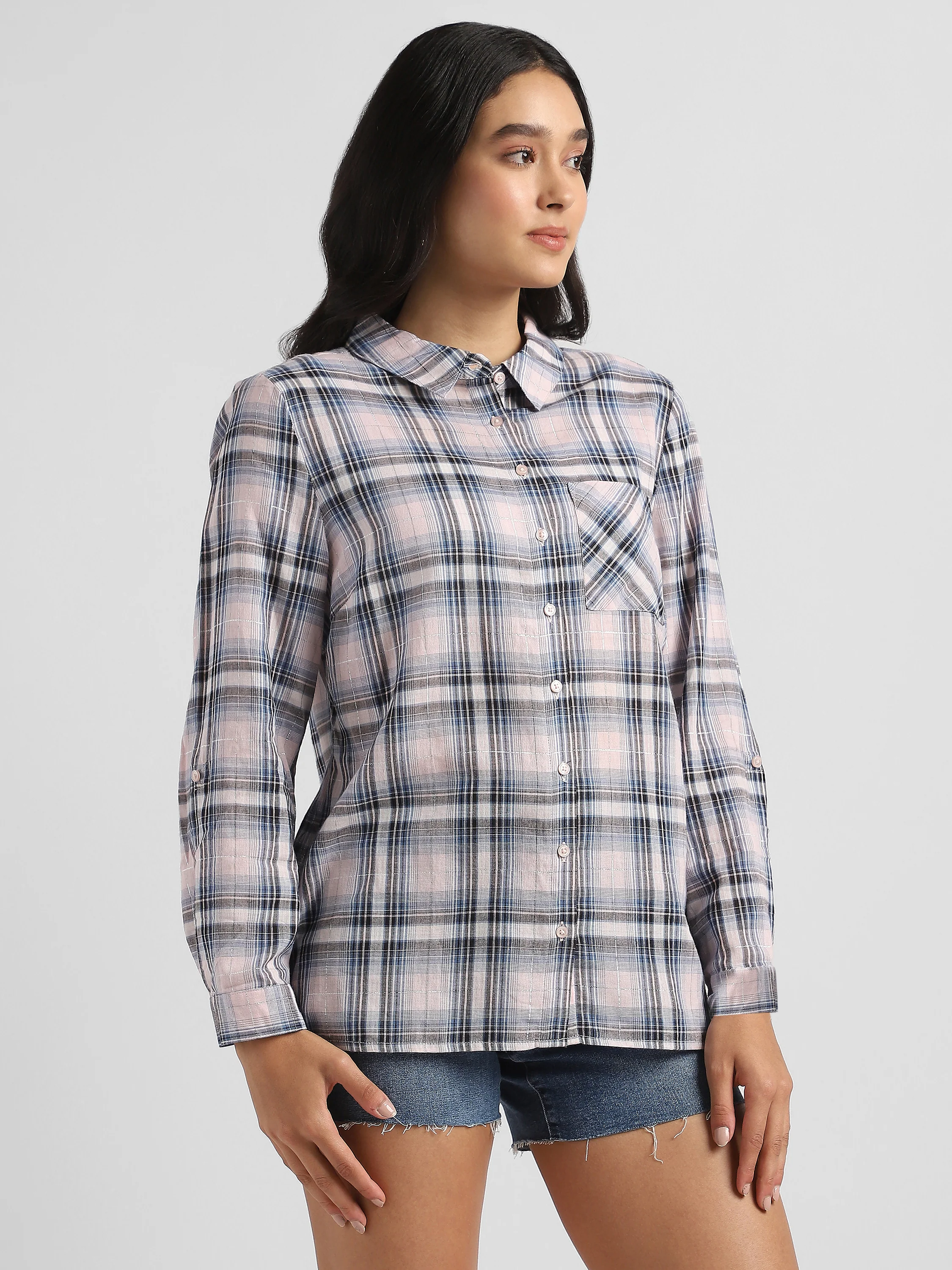 Women Casual Checkered Shirt with Pocket - Image 4
