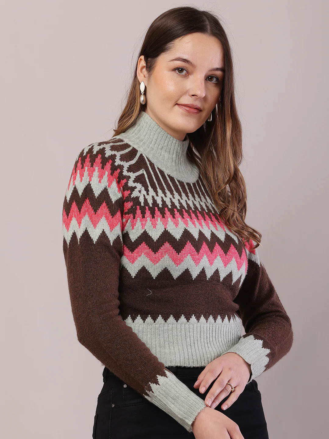 Women Multicolour Acrylic Full Sleeve High-Neck Sweater - Image 2