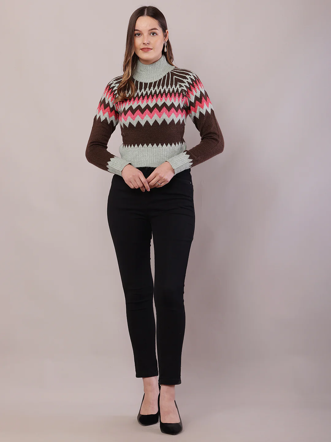 Women Multicolour Acrylic Full Sleeve High-Neck Sweater - Image 3