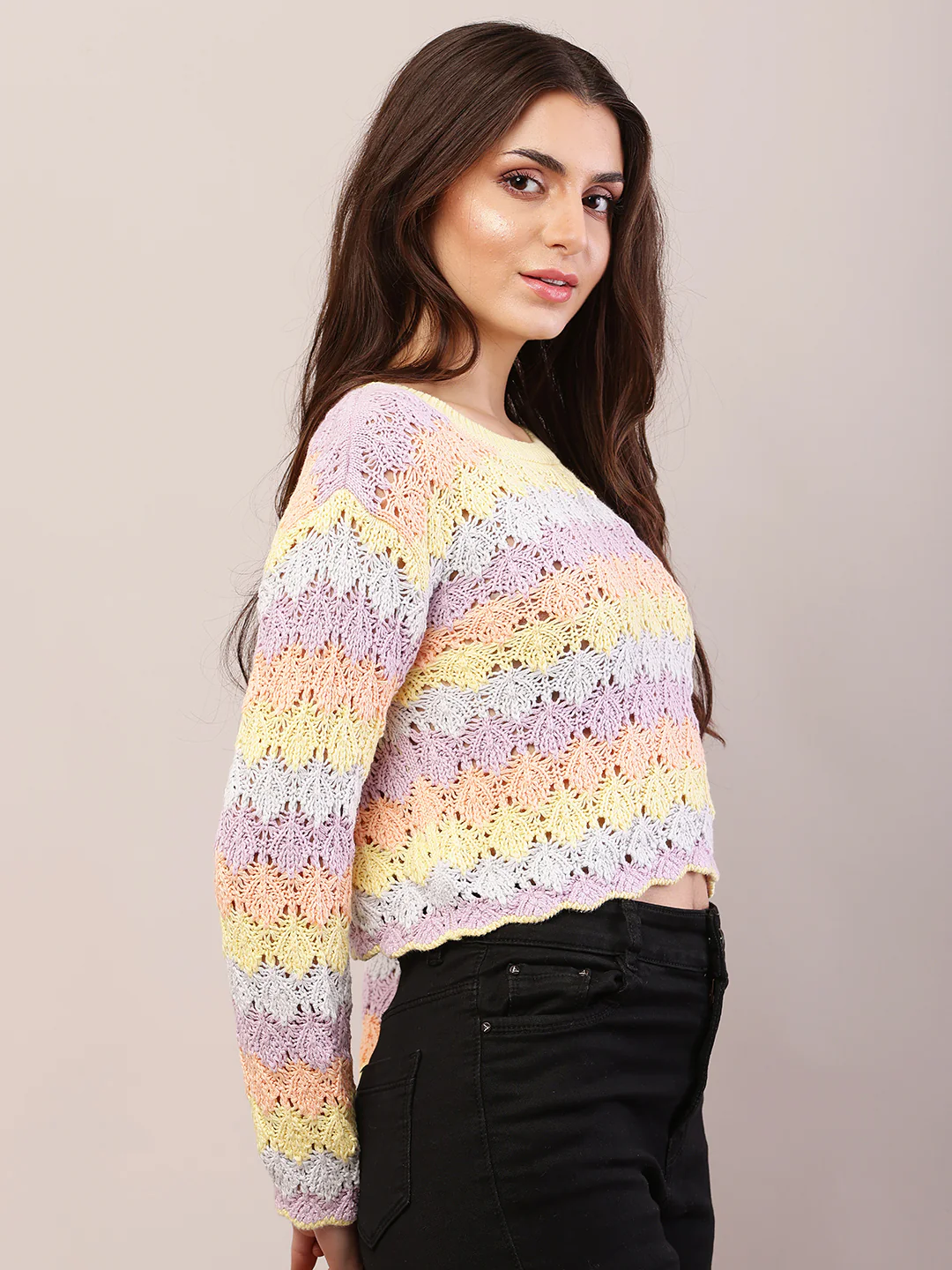 Women multicolour cotton full sleeve round neck sweater - Image 2