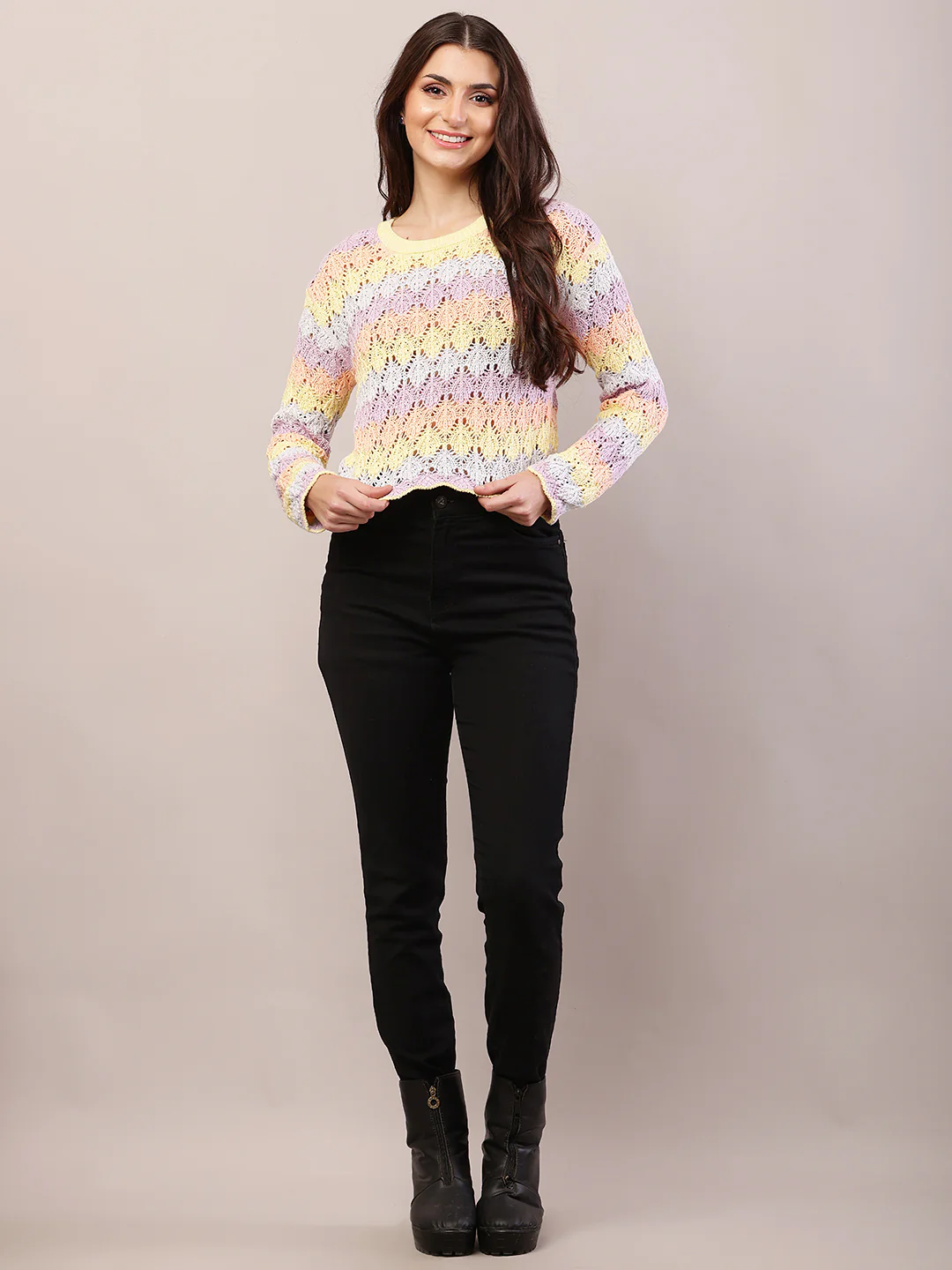 Women multicolour cotton full sleeve round neck sweater - Image 3