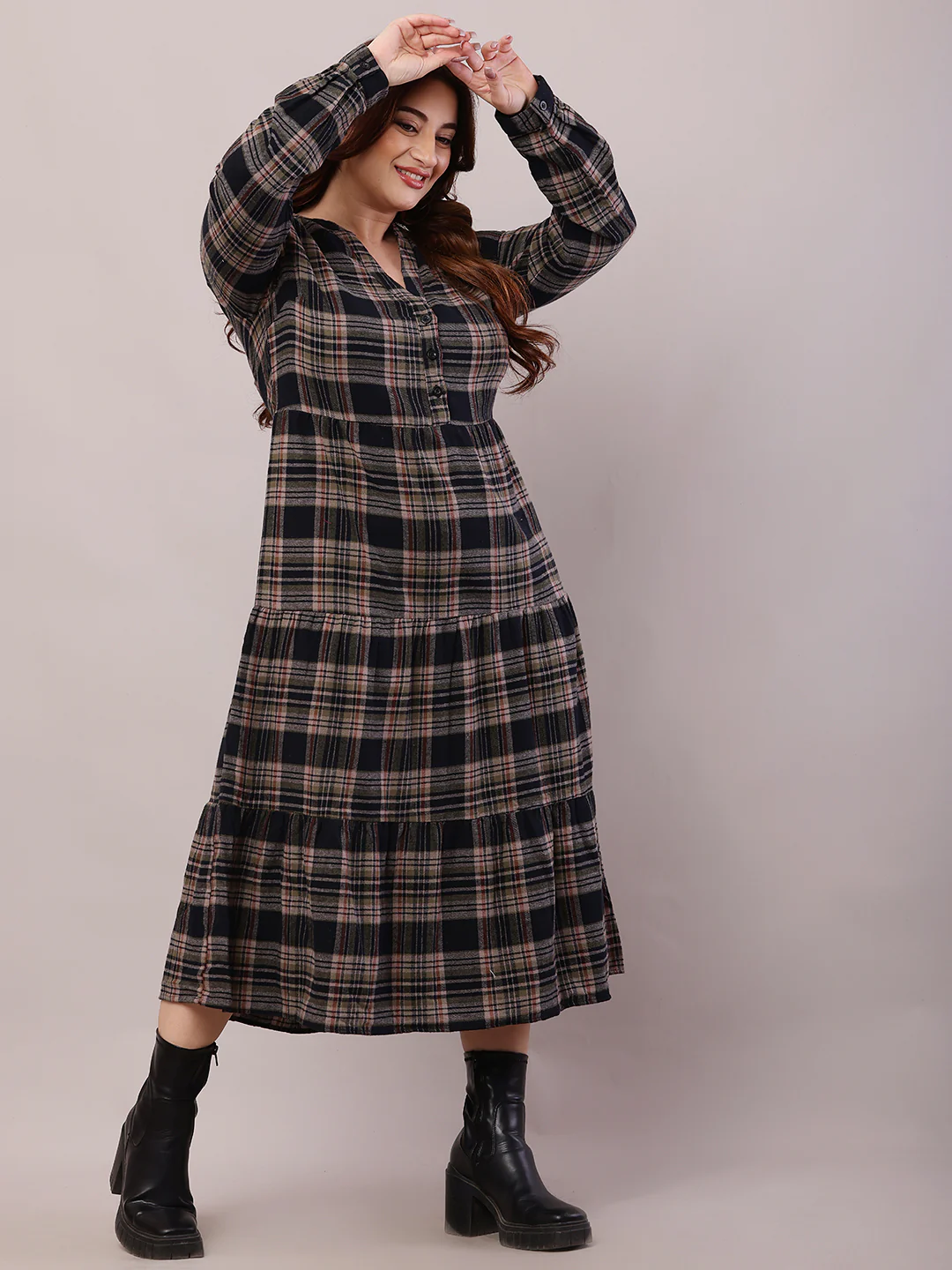 Women Multicolour Cotton Full Sleeve V-Neck Midi Dress - Image 2