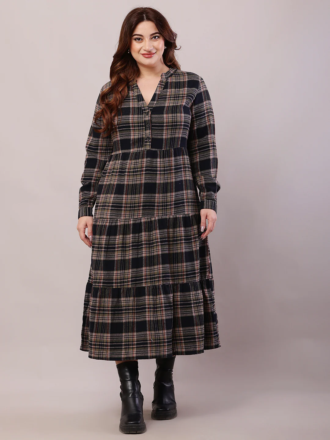 Women Multicolour Cotton Full Sleeve V-Neck Midi Dress - Image 3