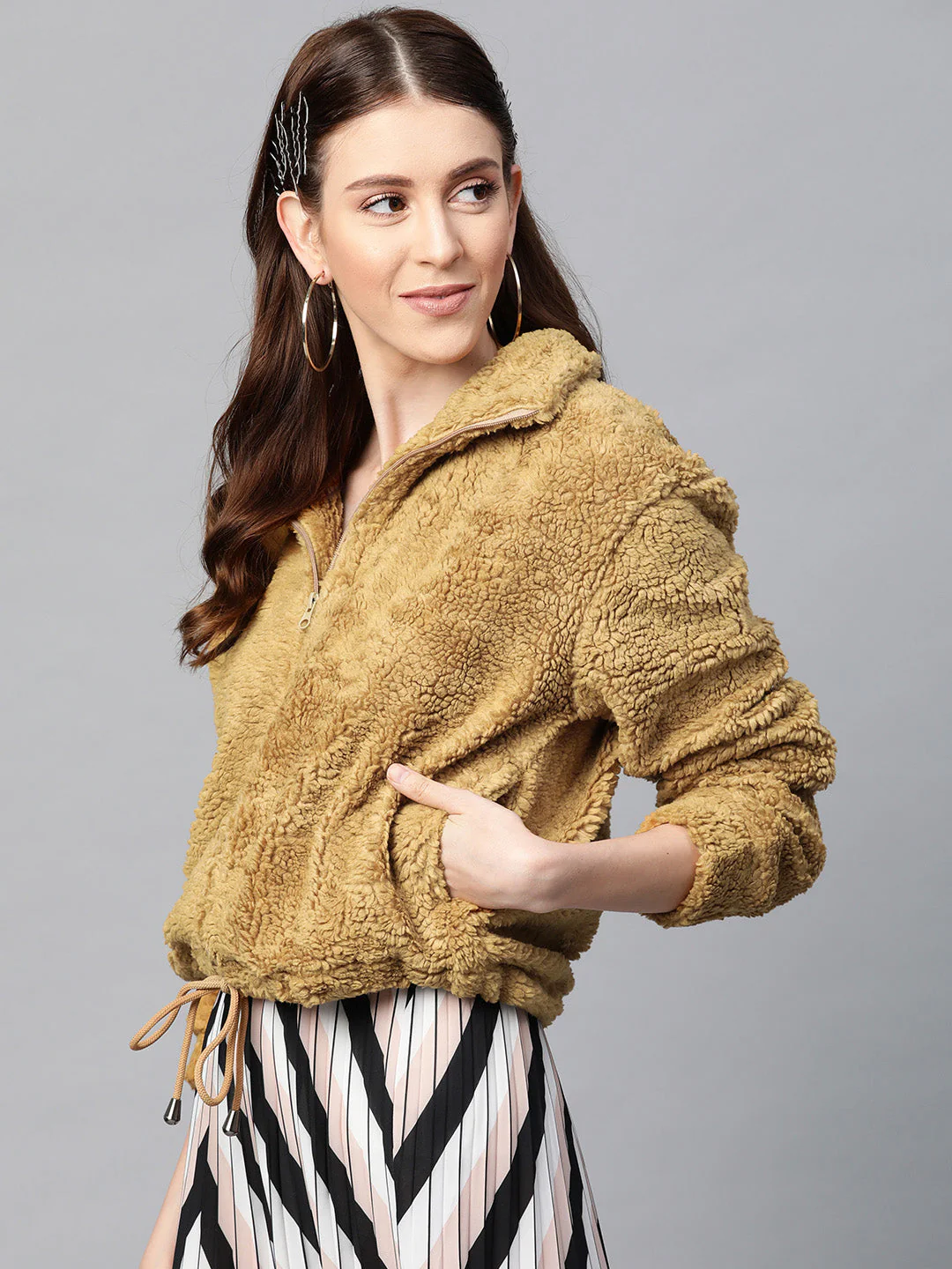 Women Mustard Drawstring Faux Fur Jacket - Image 2
