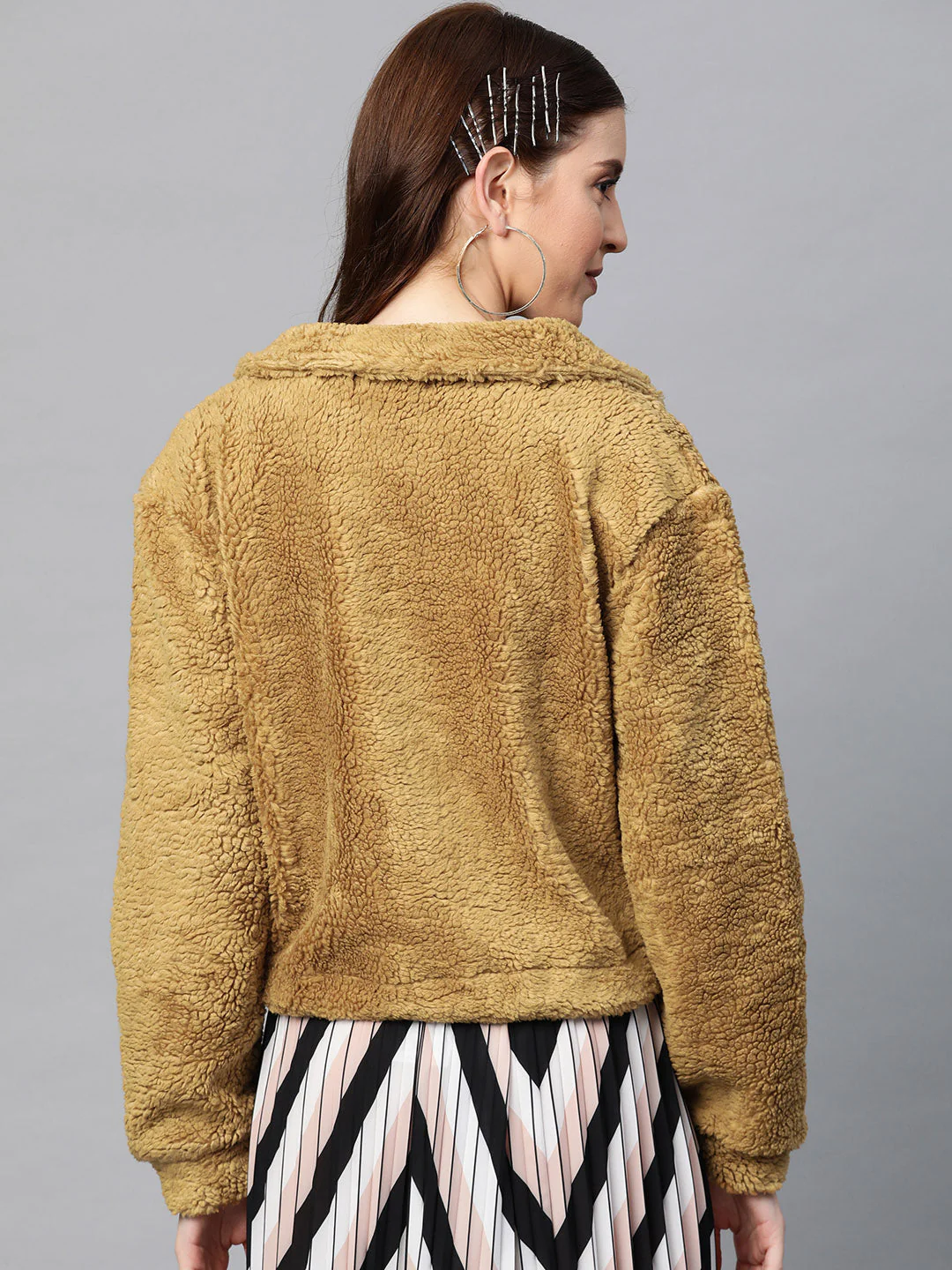 Women Mustard Drawstring Faux Fur Jacket - Image 3