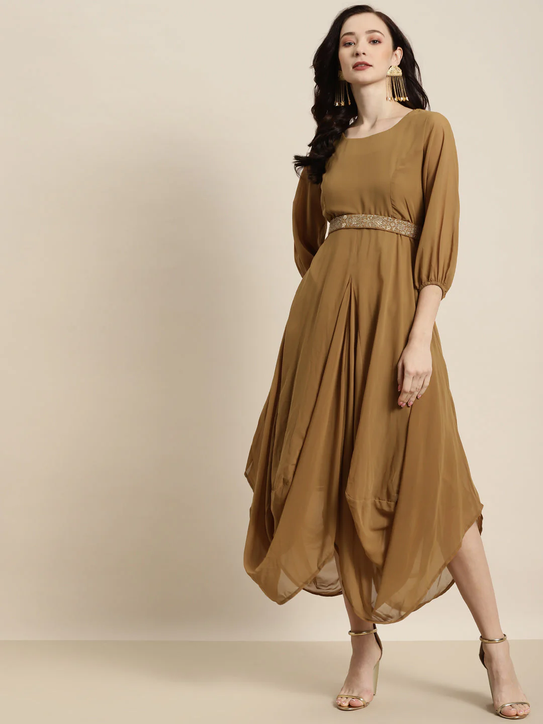 Women Mustard Embroidered Belt Dhoti Dress - Image 3