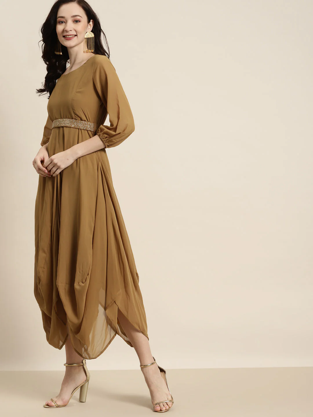 Women Mustard Embroidered Belt Dhoti Dress - Image 4
