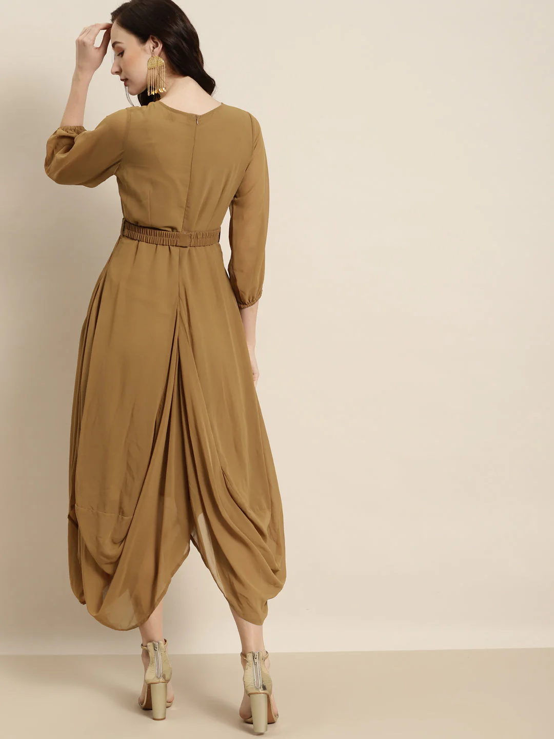 Women Mustard Embroidered Belt Dhoti Dress - Image 5