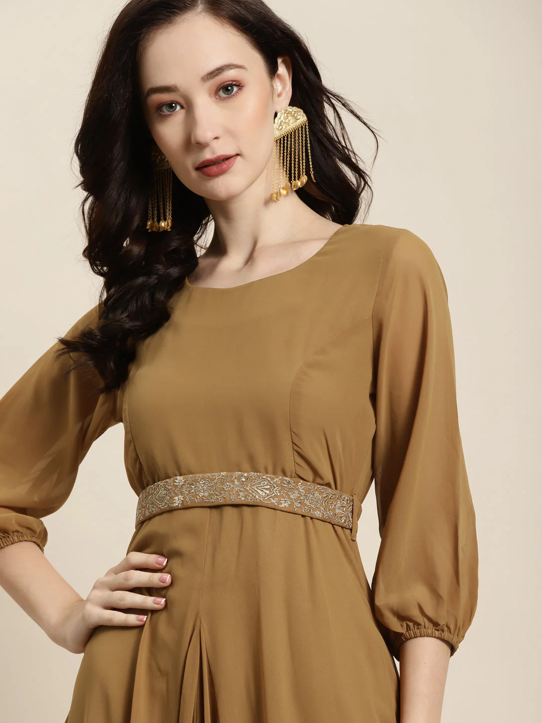 Women Mustard Embroidered Belt Dhoti Dress - Image 6