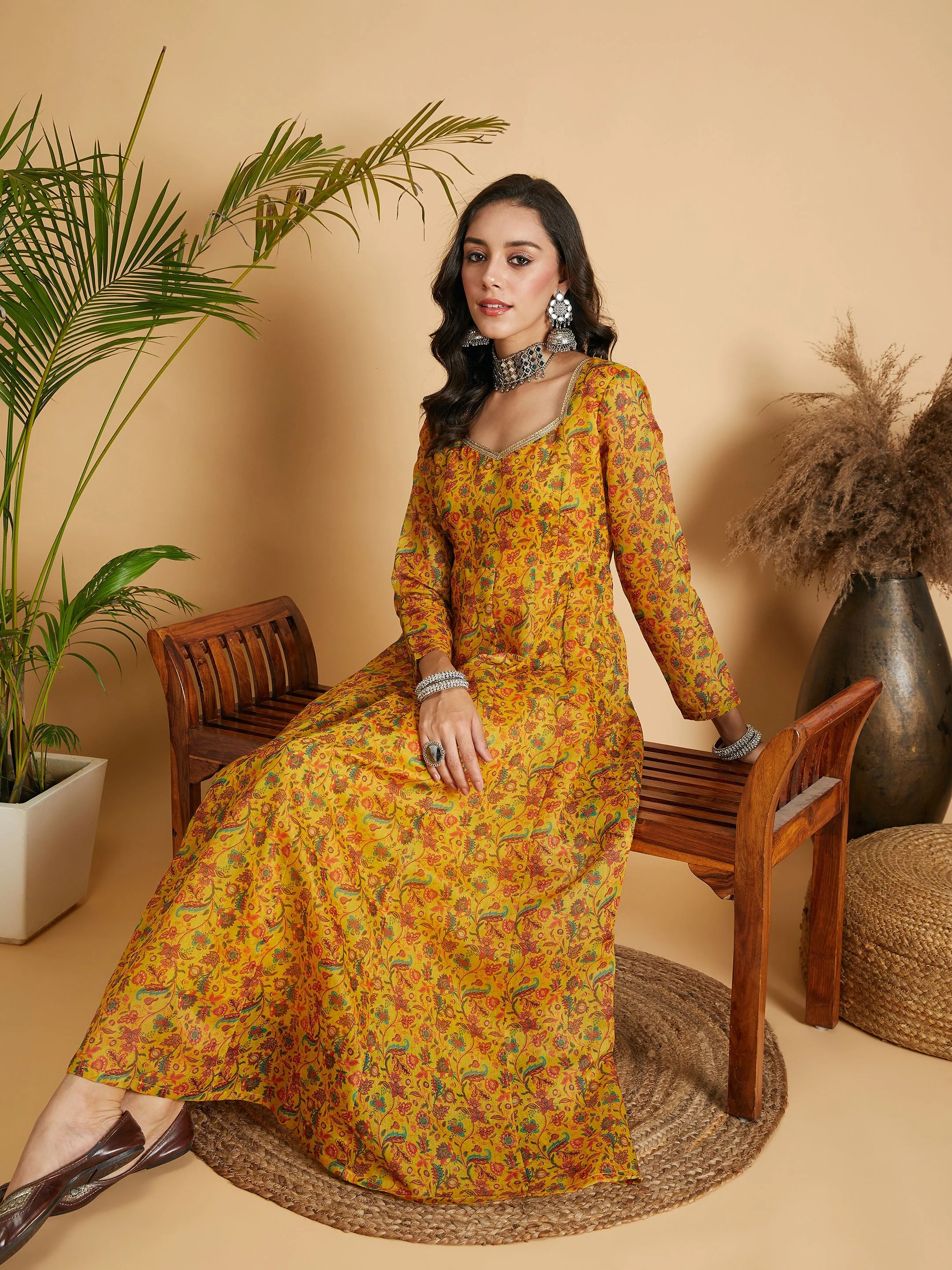Women Mustard Floral Anarkali Maxi Dress - Image 2