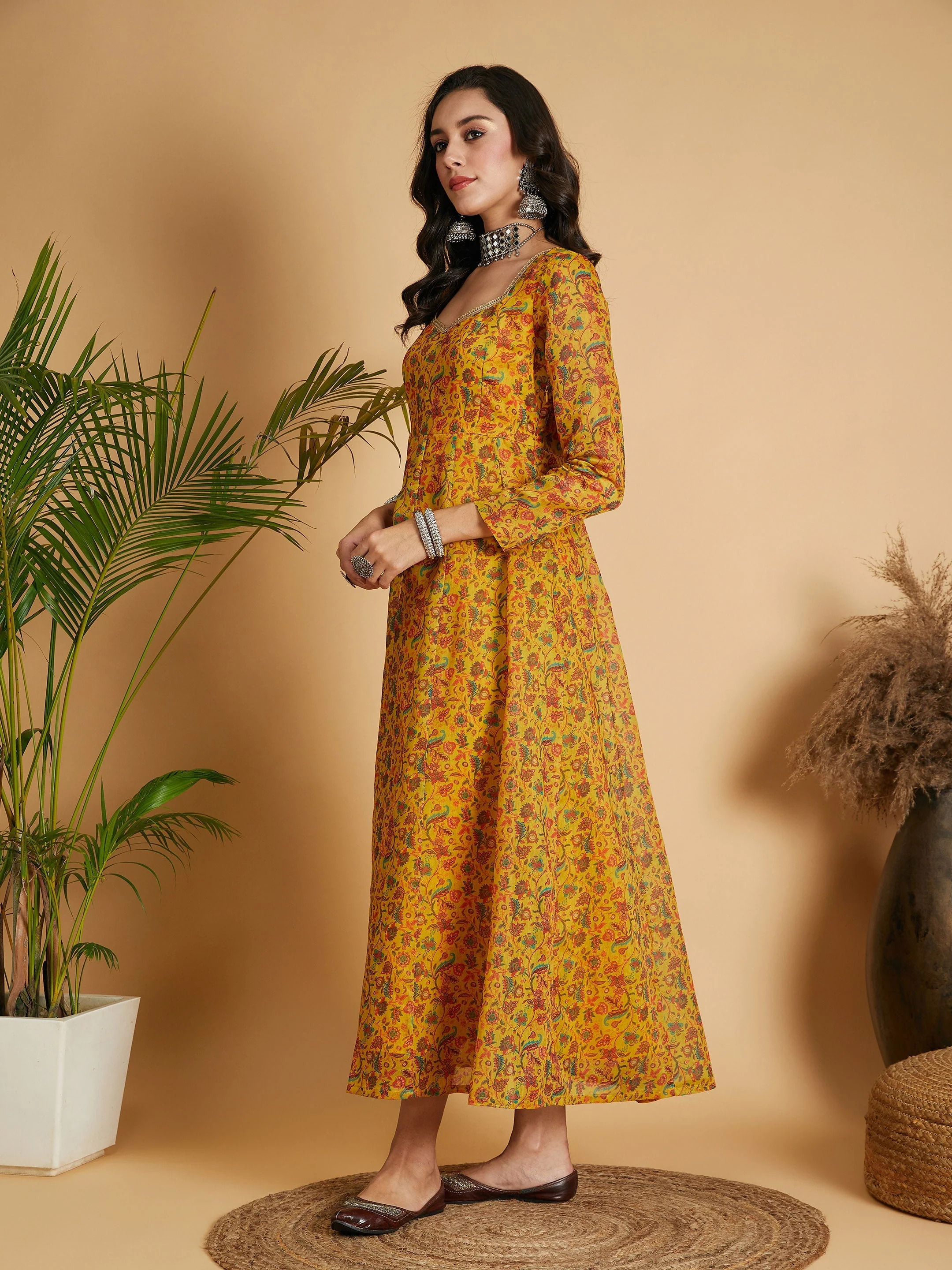 Women Mustard Floral Anarkali Maxi Dress - Image 3