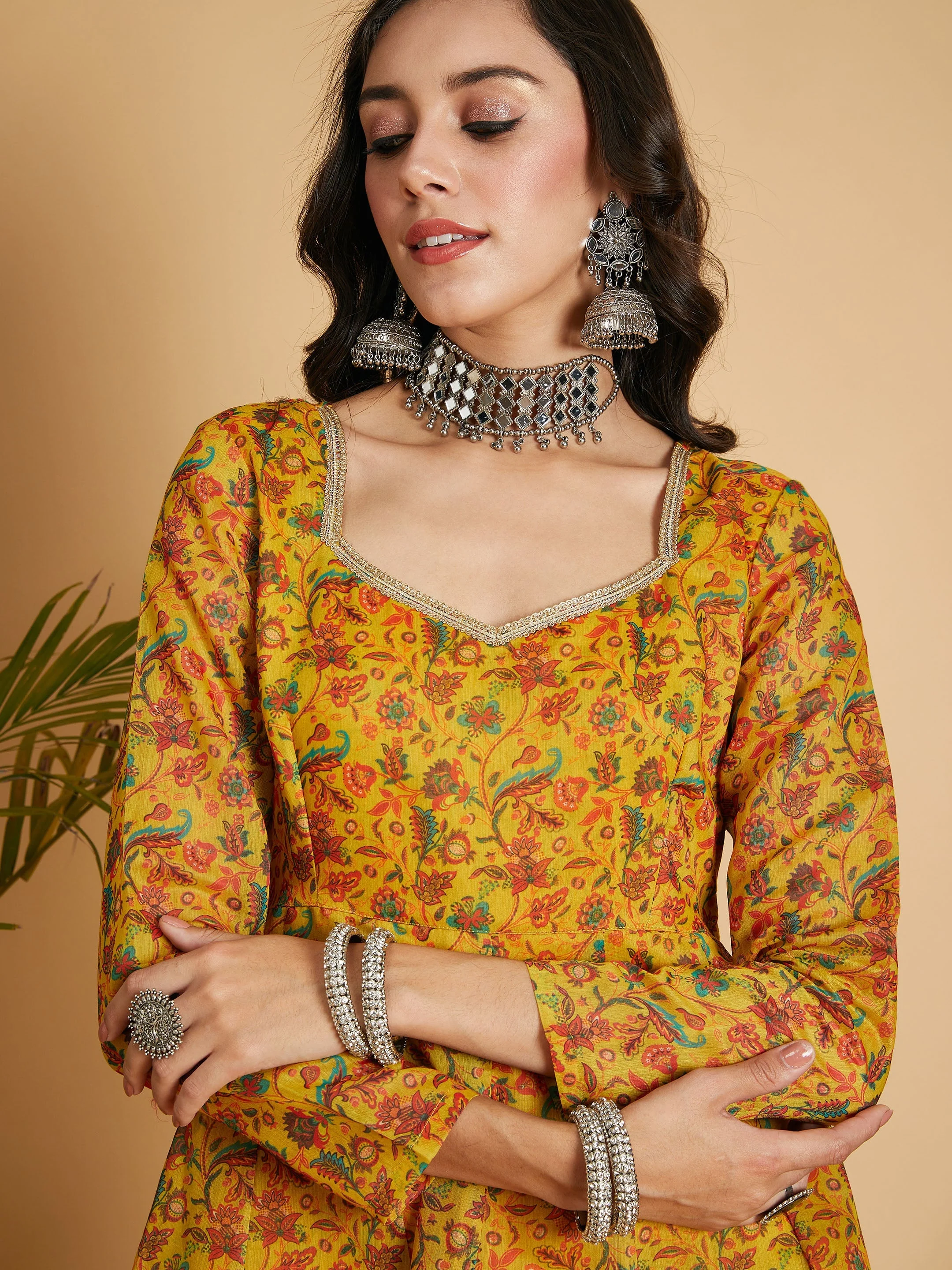 Women Mustard Floral Anarkali Maxi Dress - Image 4