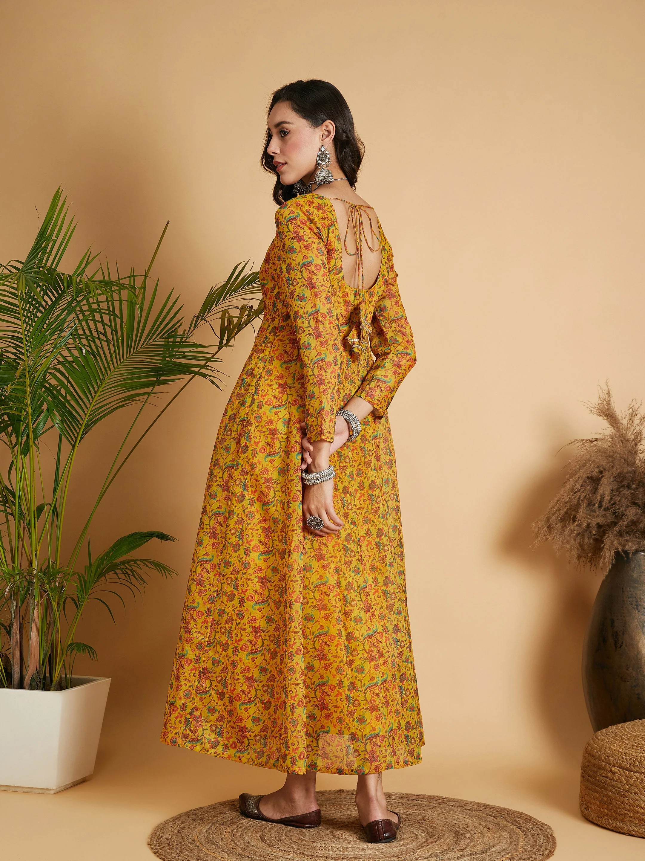 Women Mustard Floral Anarkali Maxi Dress - Image 5