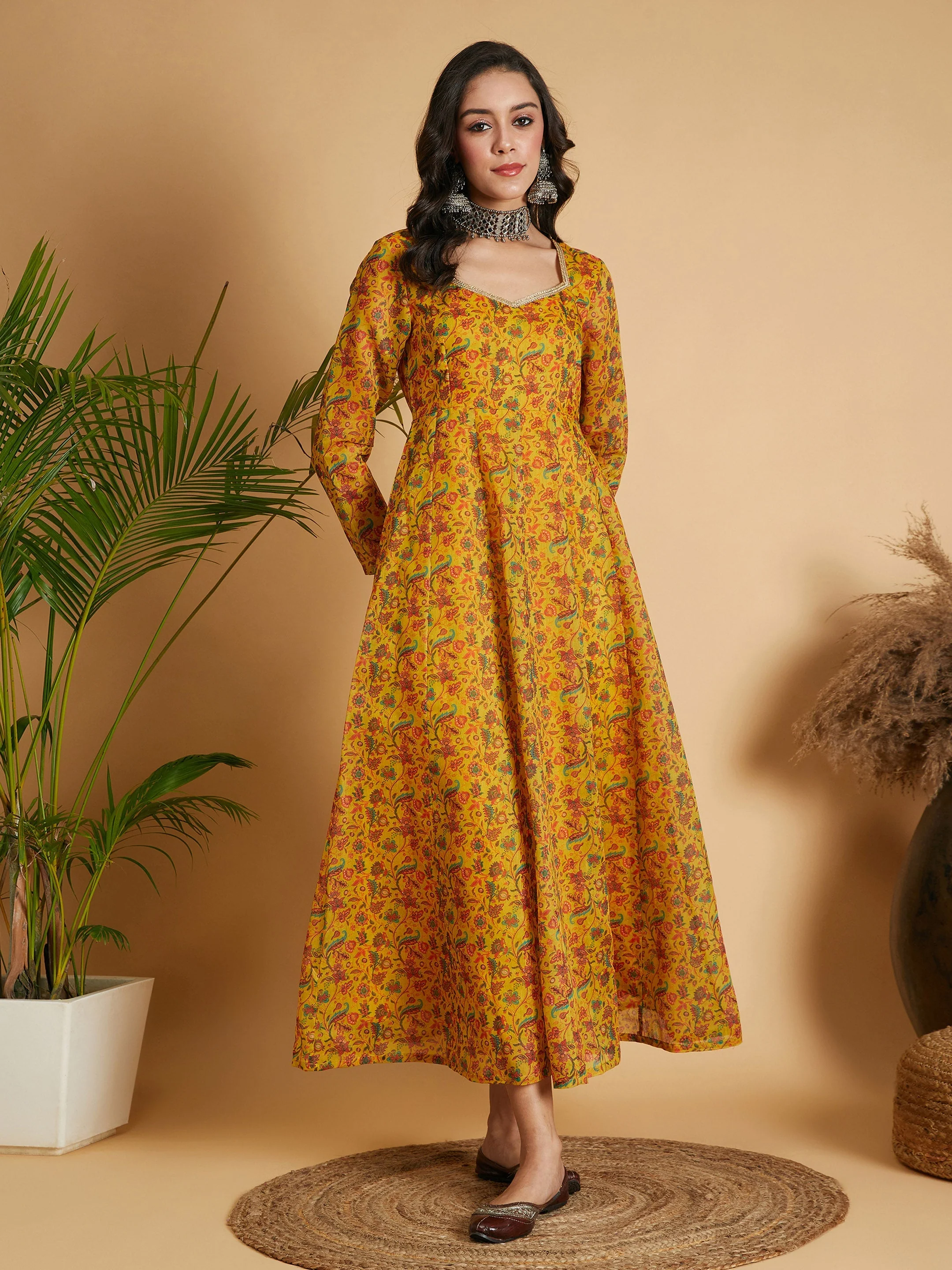 Women Mustard Floral Anarkali Maxi Dress - Image 6