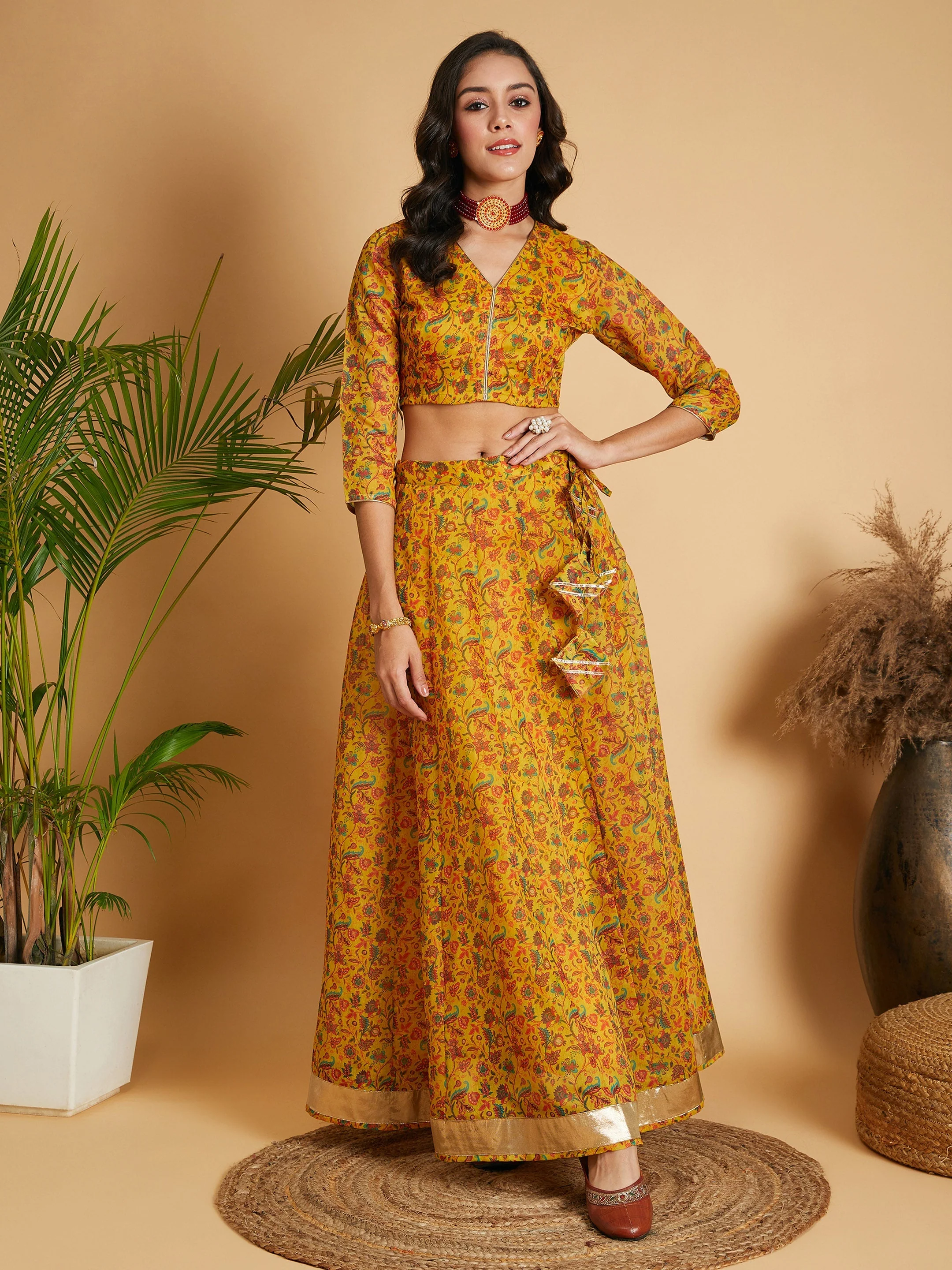 Women Mustard Floral Anarkali Skirt With Crop Top - Image 2