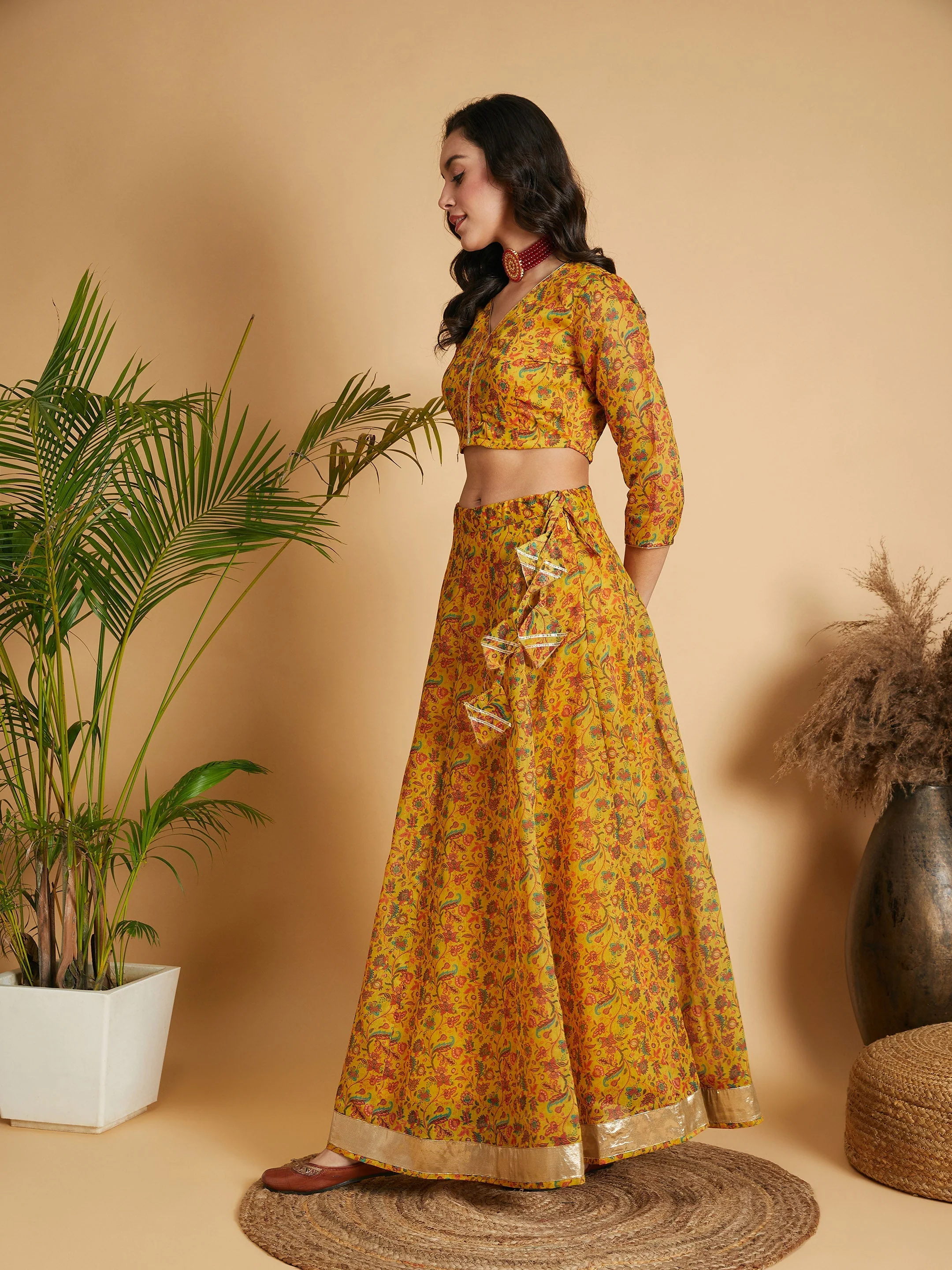 Women Mustard Floral Anarkali Skirt With Crop Top - Image 3