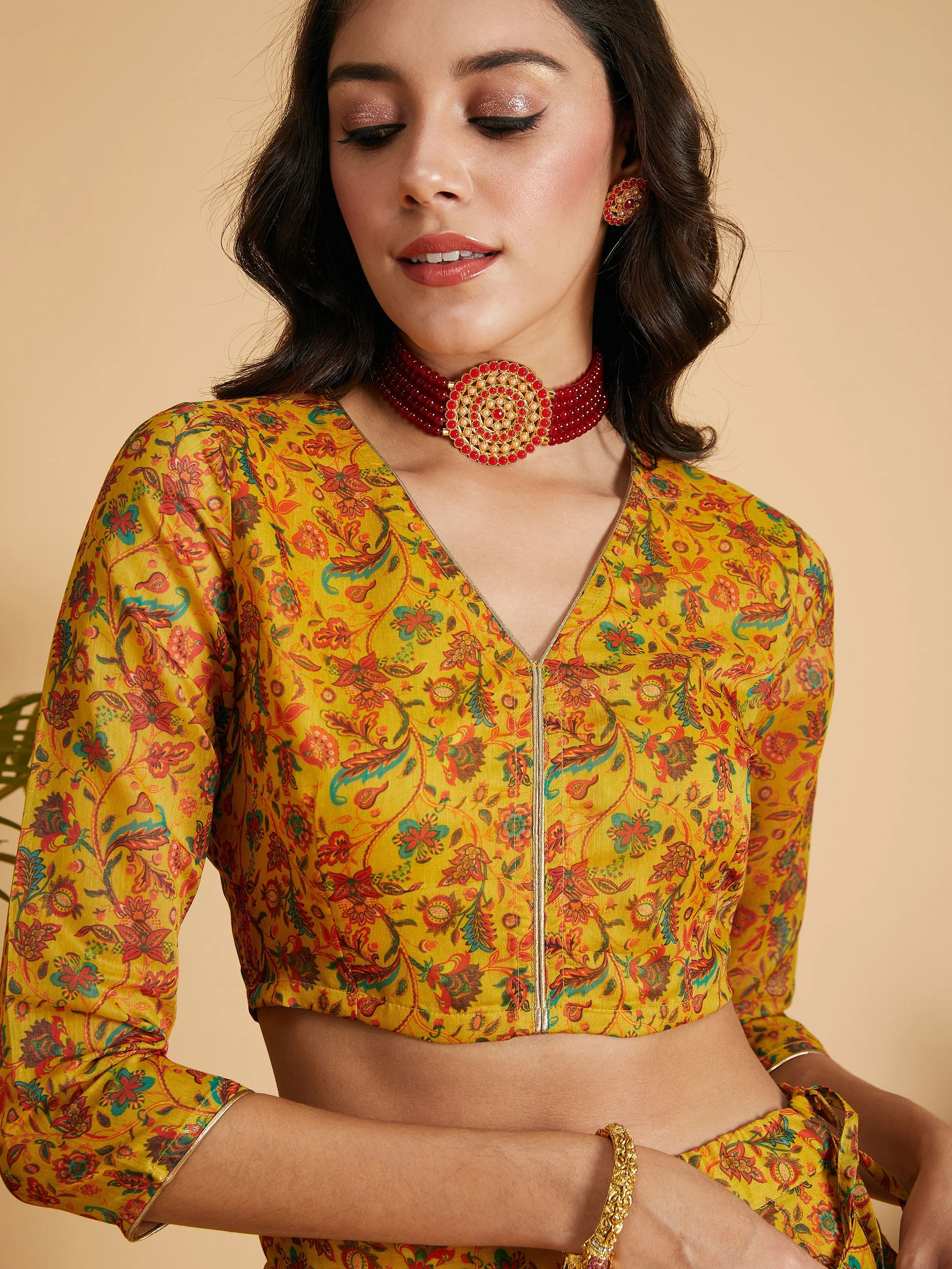Women Mustard Floral Anarkali Skirt With Crop Top - Image 4