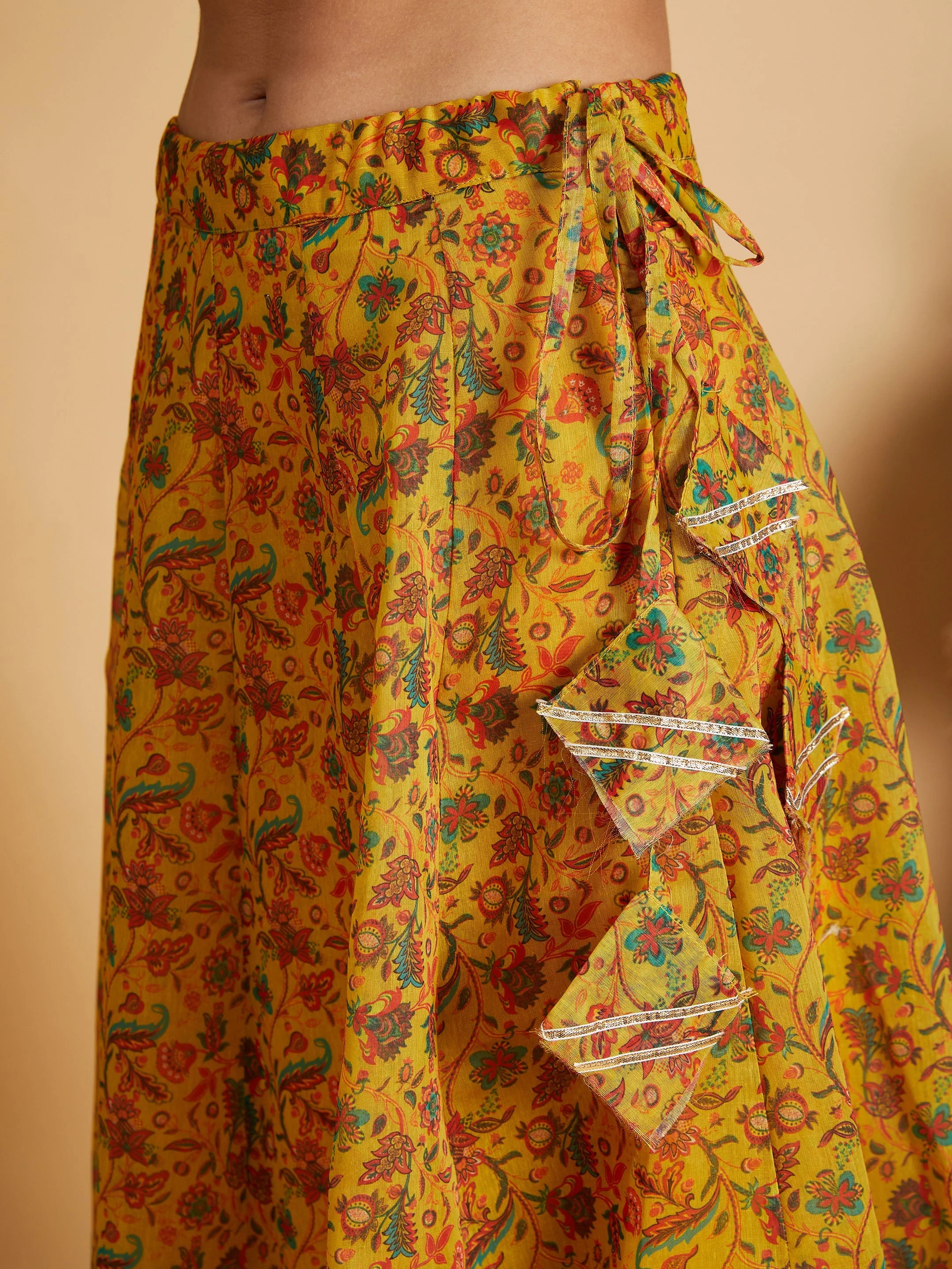 Women Mustard Floral Anarkali Skirt With Crop Top - Image 5