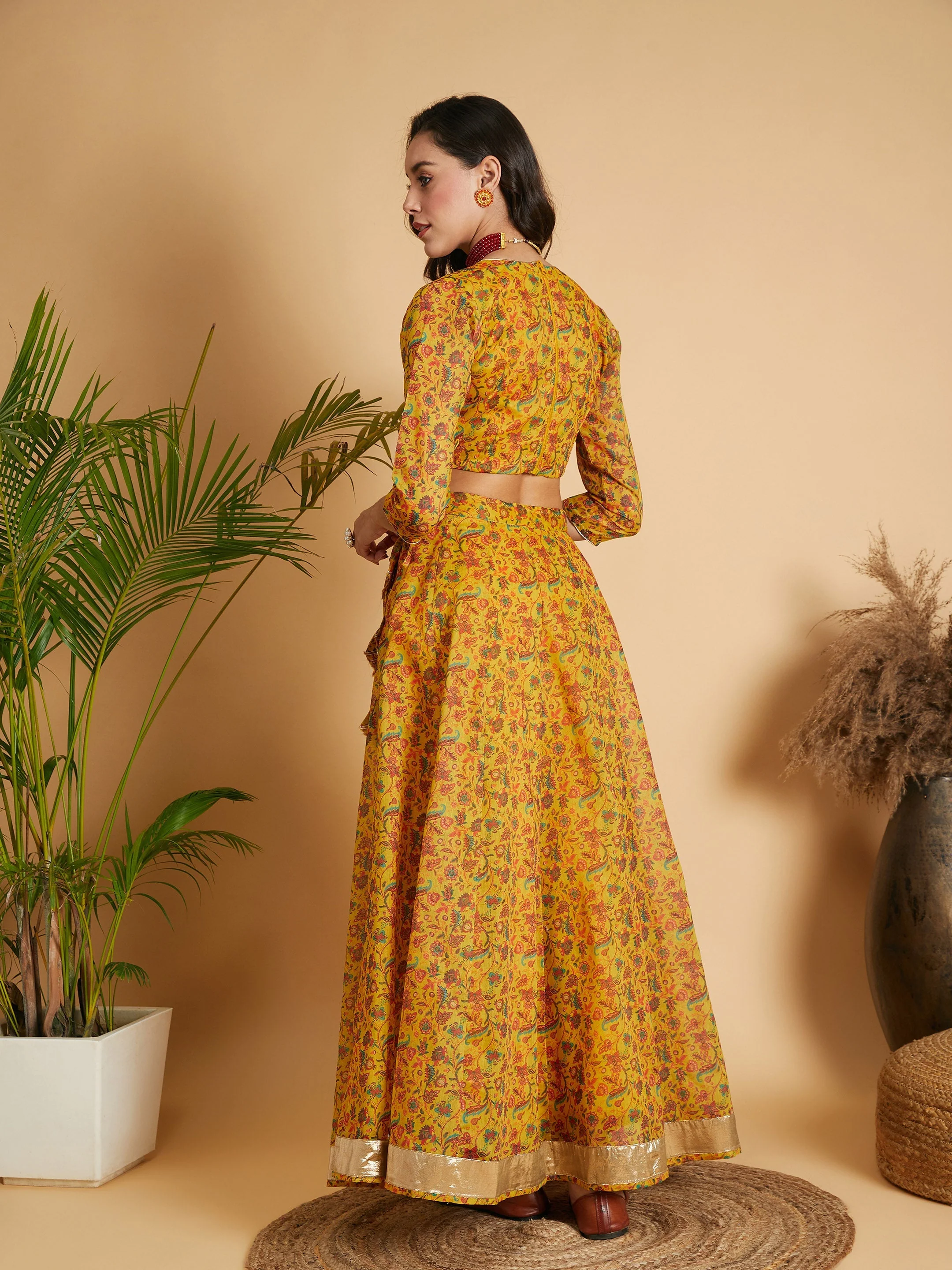 Women Mustard Floral Anarkali Skirt With Crop Top - Image 6