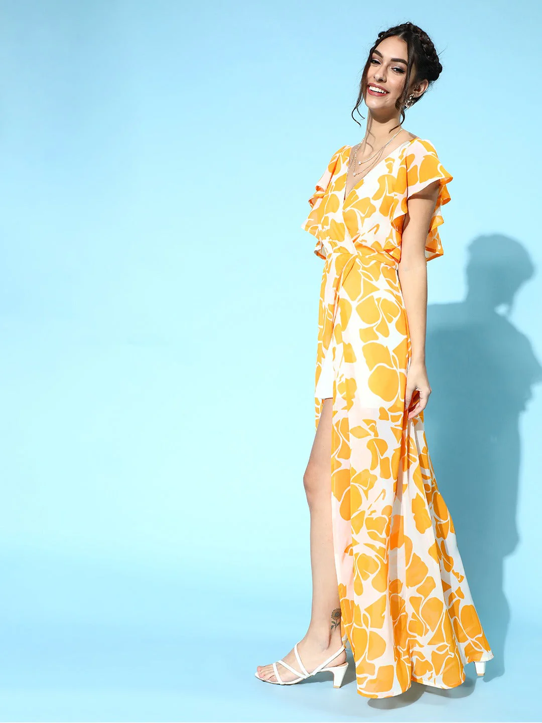 Women Mustard Floral Frill Sleeve Maxi - Image 3