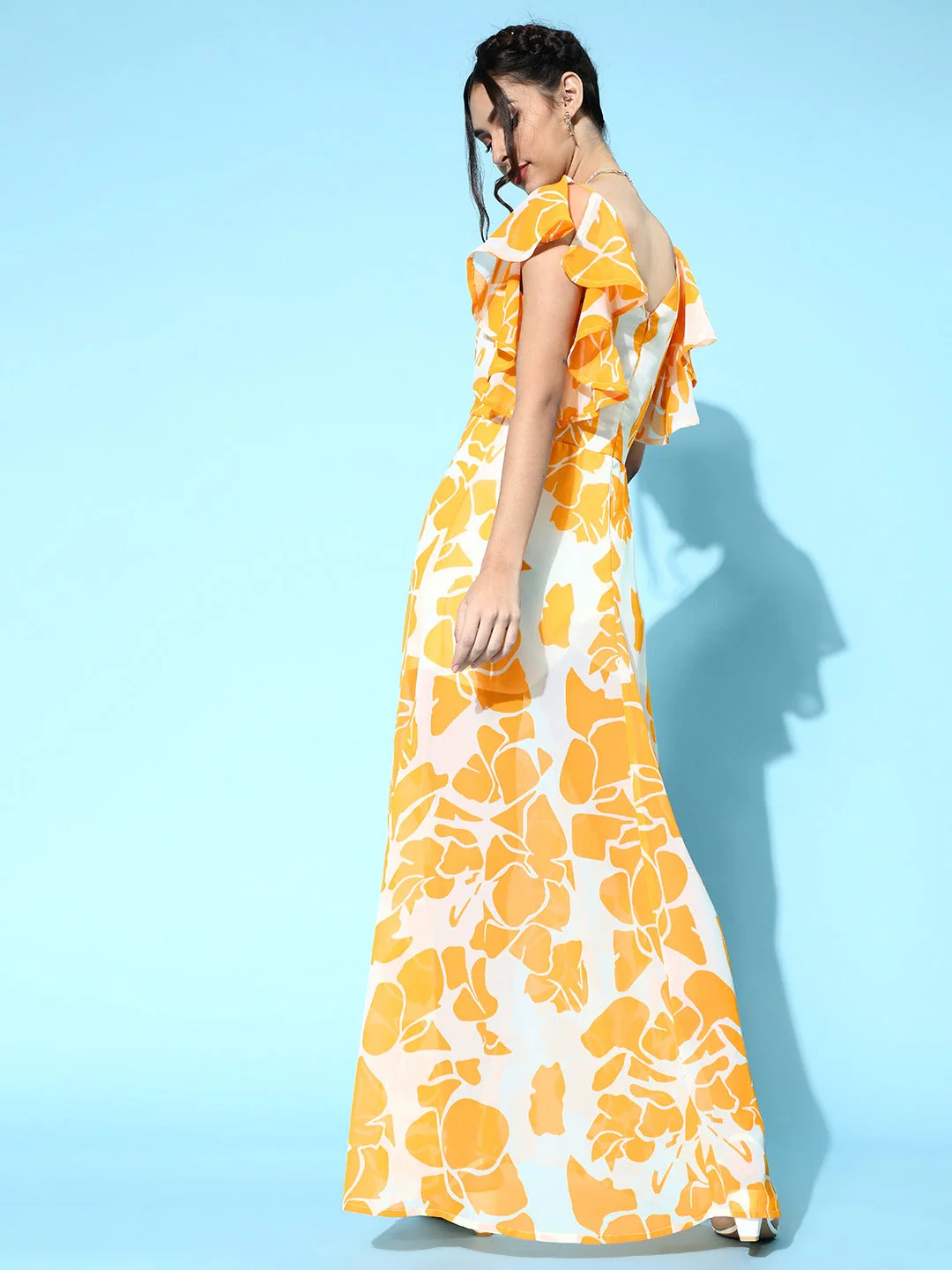 Women Mustard Floral Frill Sleeve Maxi - Image 4