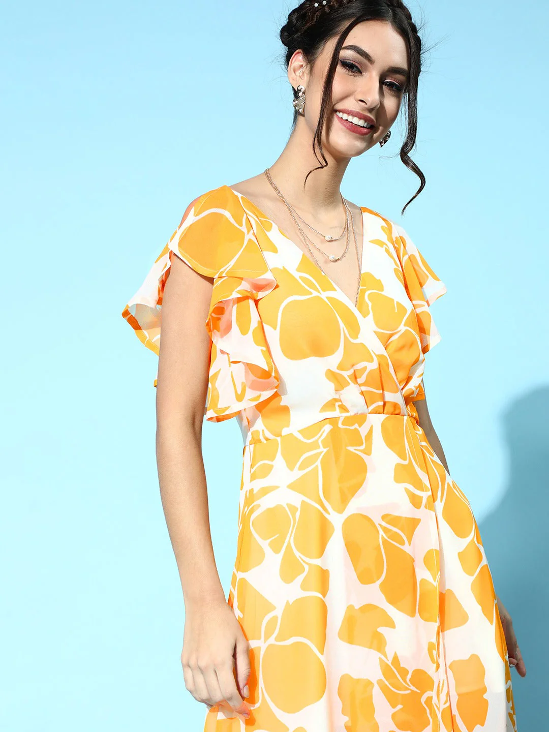 Women Mustard Floral Frill Sleeve Maxi - Image 5