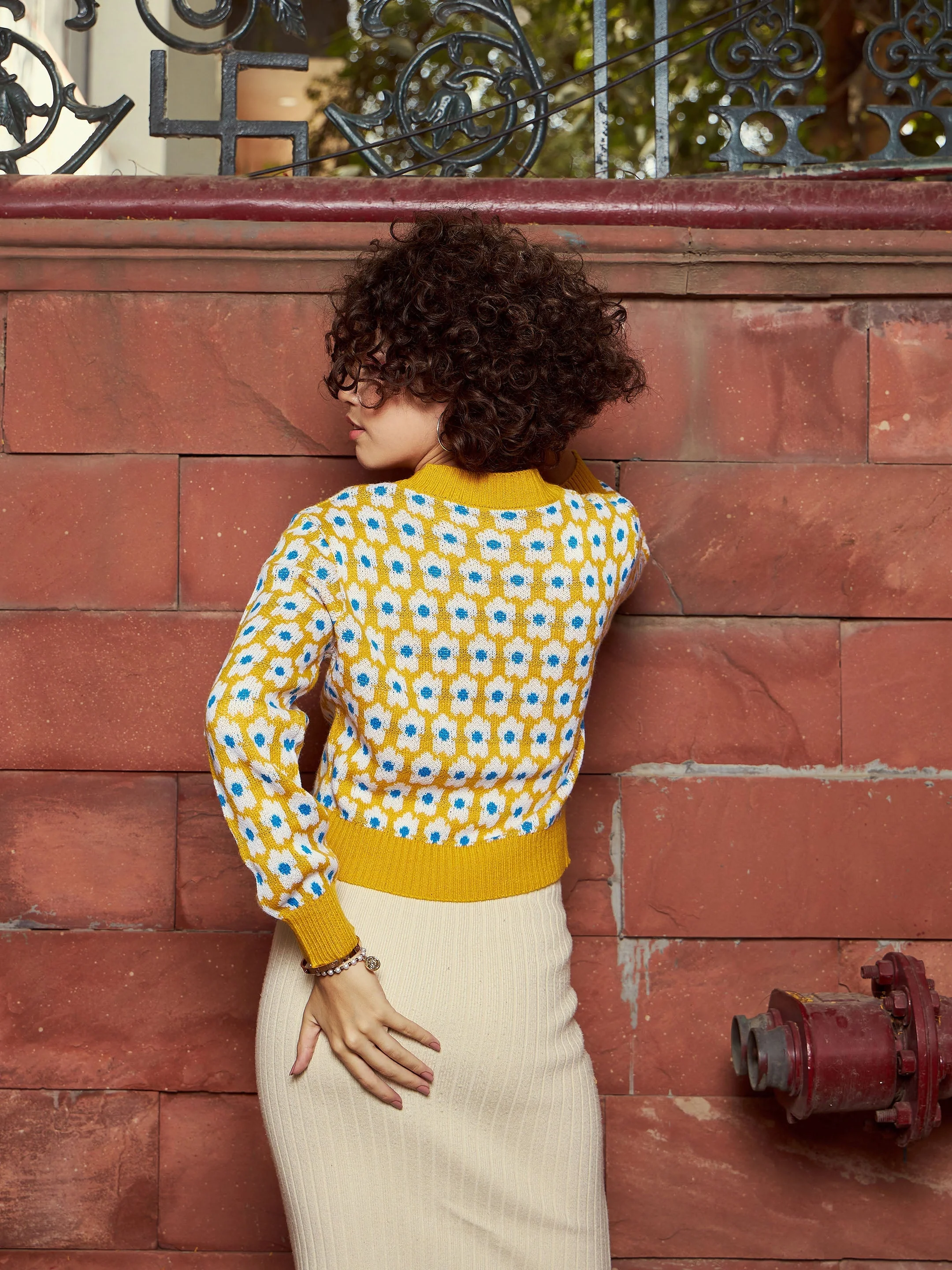 Women Mustard Floral Front Open Wool Cardigan - Image 2