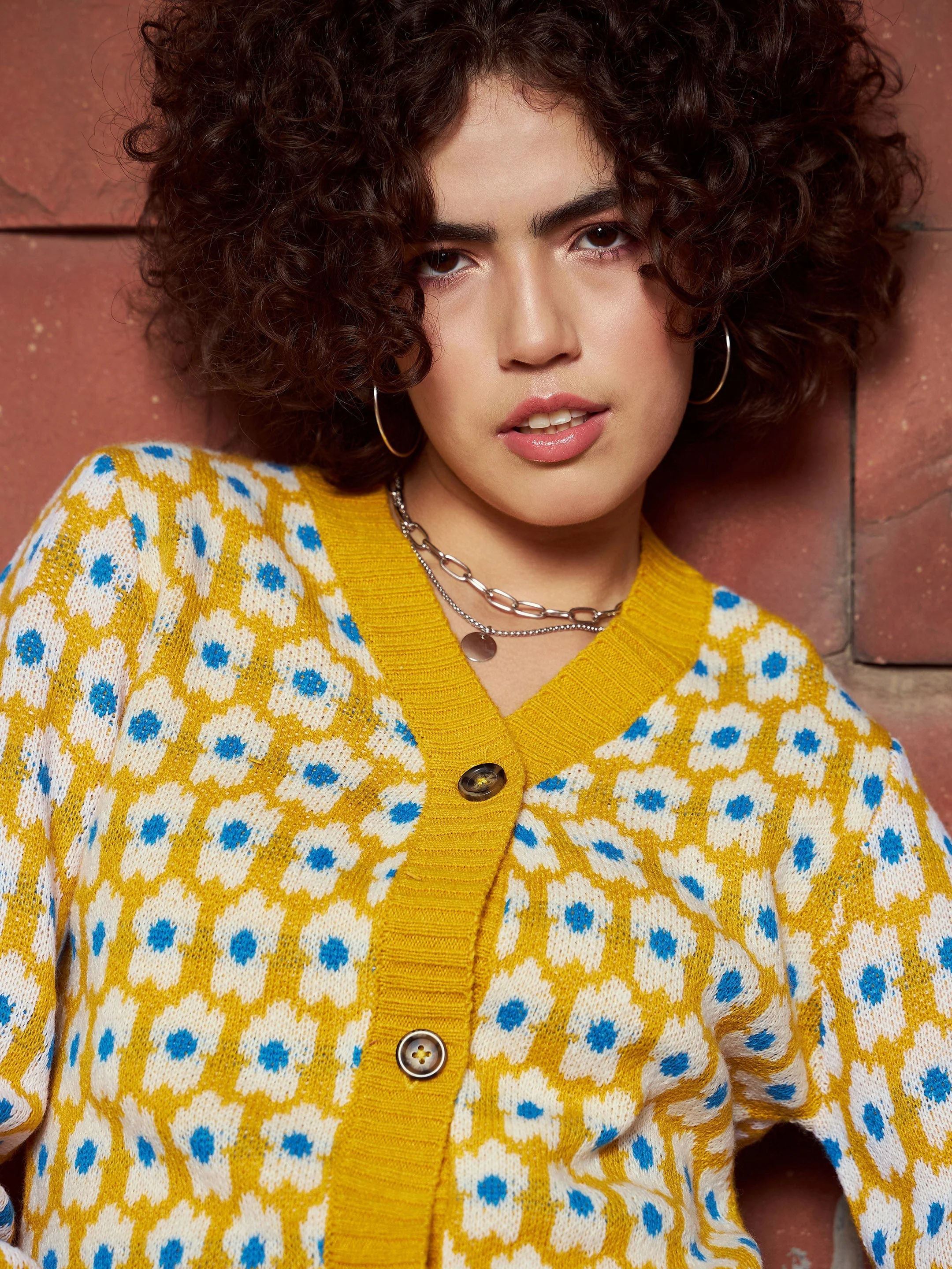 Women Mustard Floral Front Open Wool Cardigan - Image 3