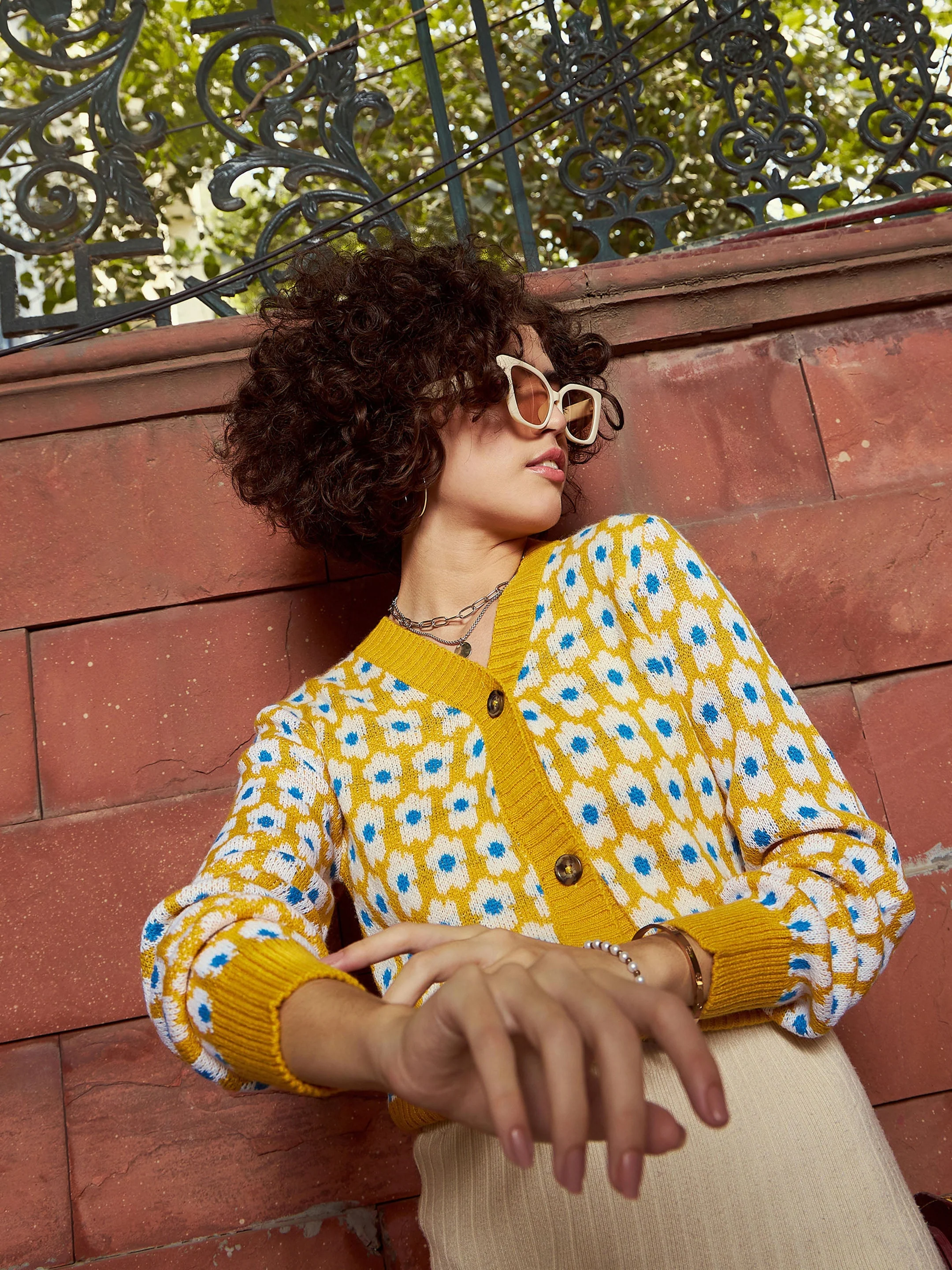 Women Mustard Floral Front Open Wool Cardigan - Image 4