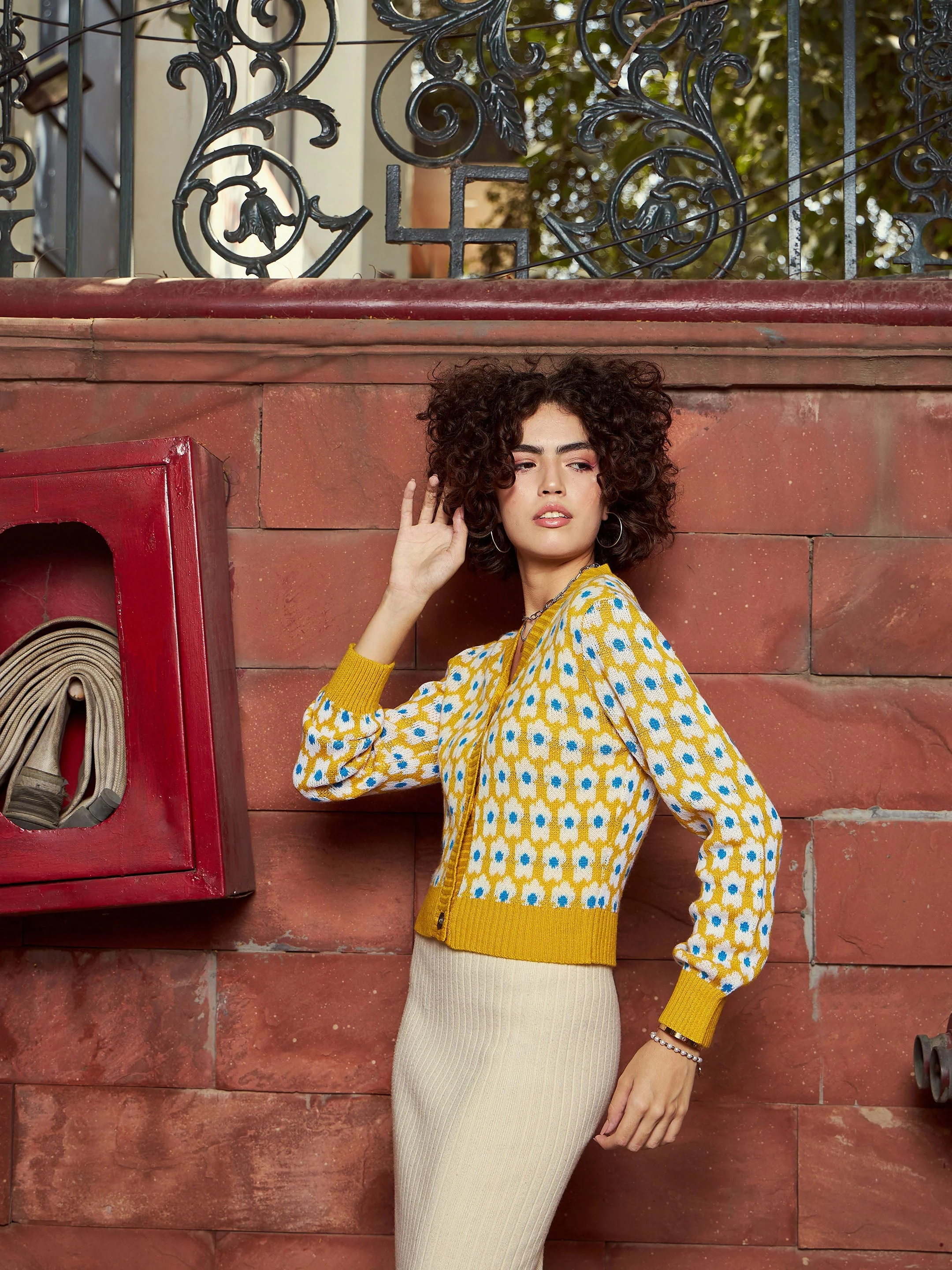Women Mustard Floral Front Open Wool Cardigan - Image 6