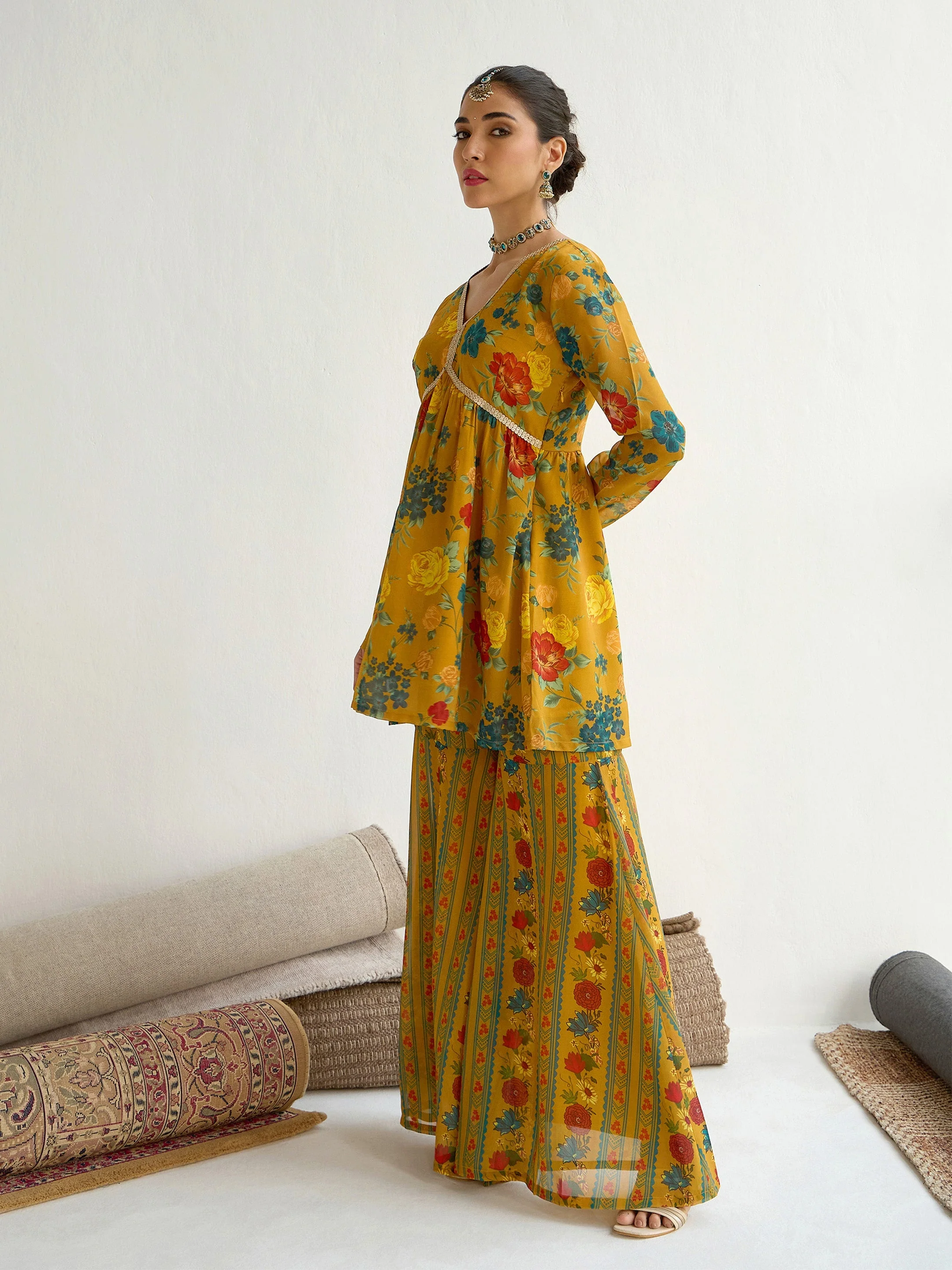 Women Mustard Floral Peplum Top With Bais Flared Sharara - Image 3