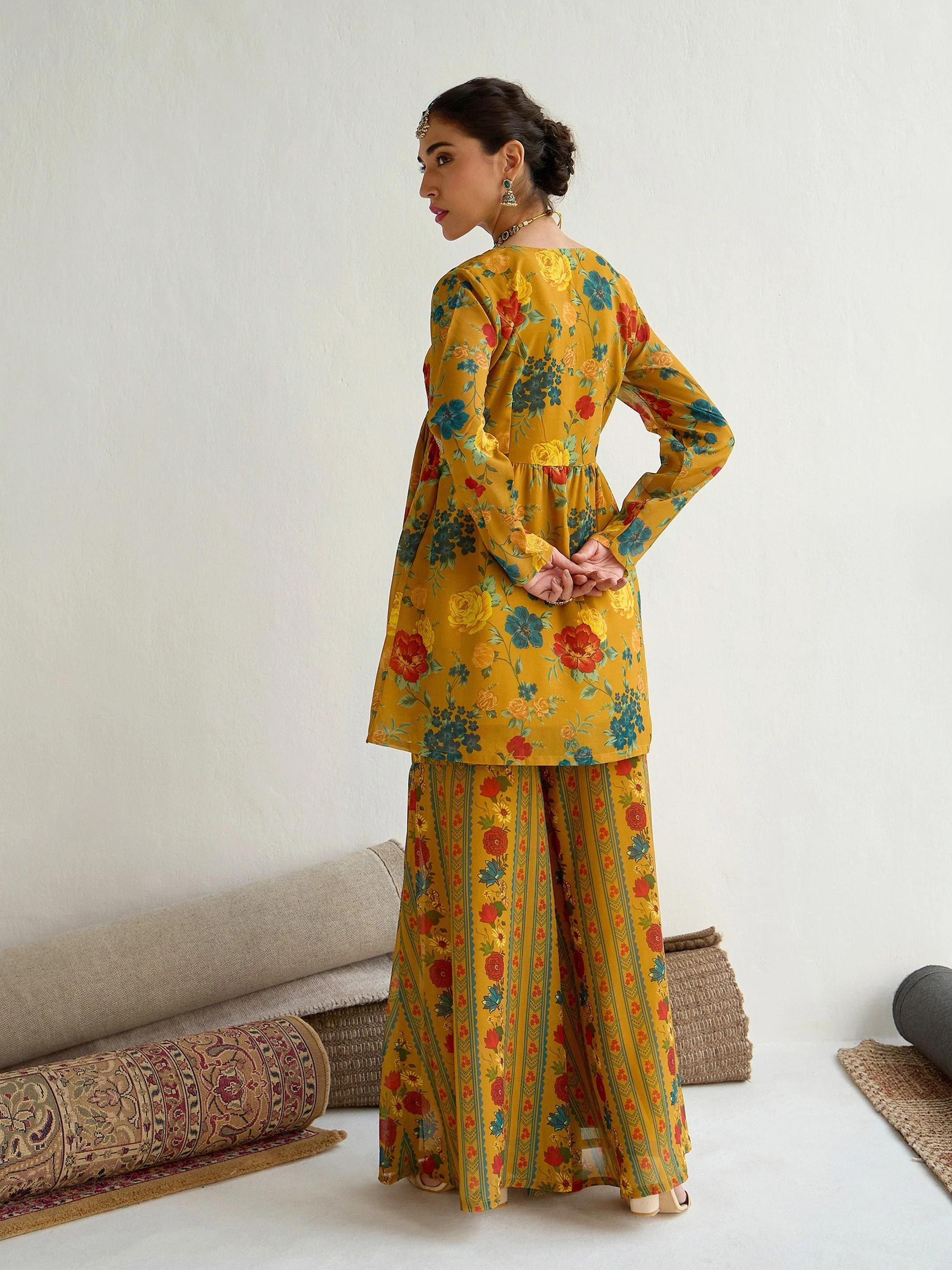 Women Mustard Floral Peplum Top With Bais Flared Sharara - Image 4